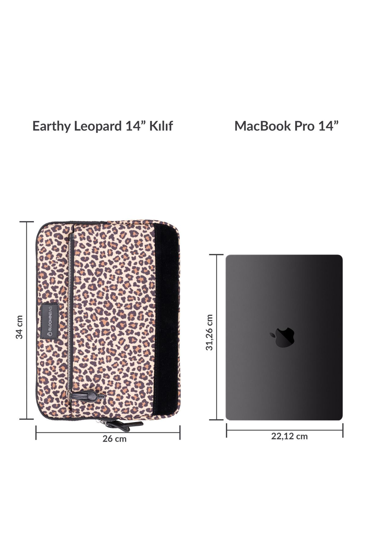 Leopar desenli 14 inç kılıf, 14 inç MacBook Pro'nun yanında.