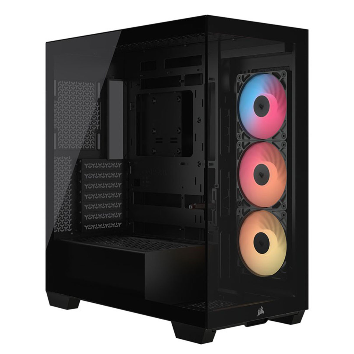 Czarna obudowa PC z szklanym frontem i wentylatorami RGB.