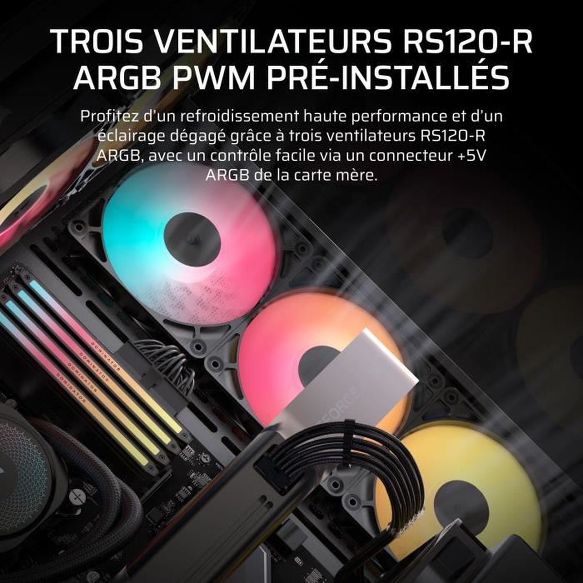 Trzy wentylatory komputerowe ARGB z oświetleniem RGB w obudowie PC.
