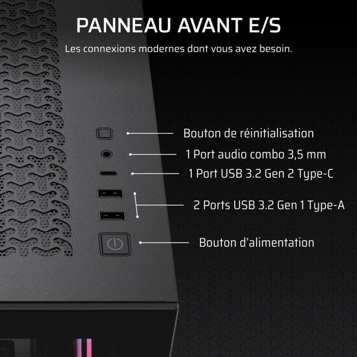 Panel przedni: Reset, audio, USB-C, 2x USB-A, przycisk zasilania.