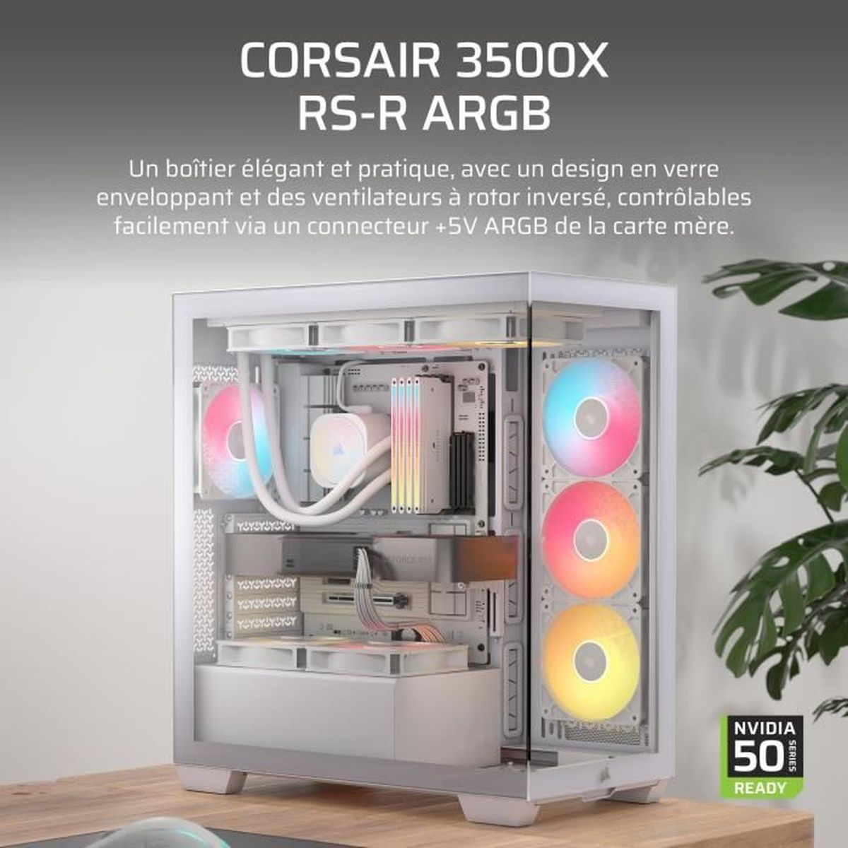 Boîtier PC blanc avec ventilateurs ARGB et façade en verre. Composants visibles à l'intérieur.