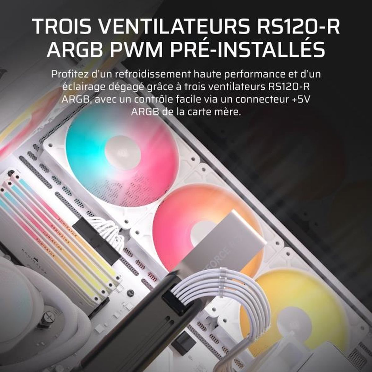 Intérieur de boîtier PC avec trois ventilateurs ARGB lumineux, barrettes RAM et câbles.
