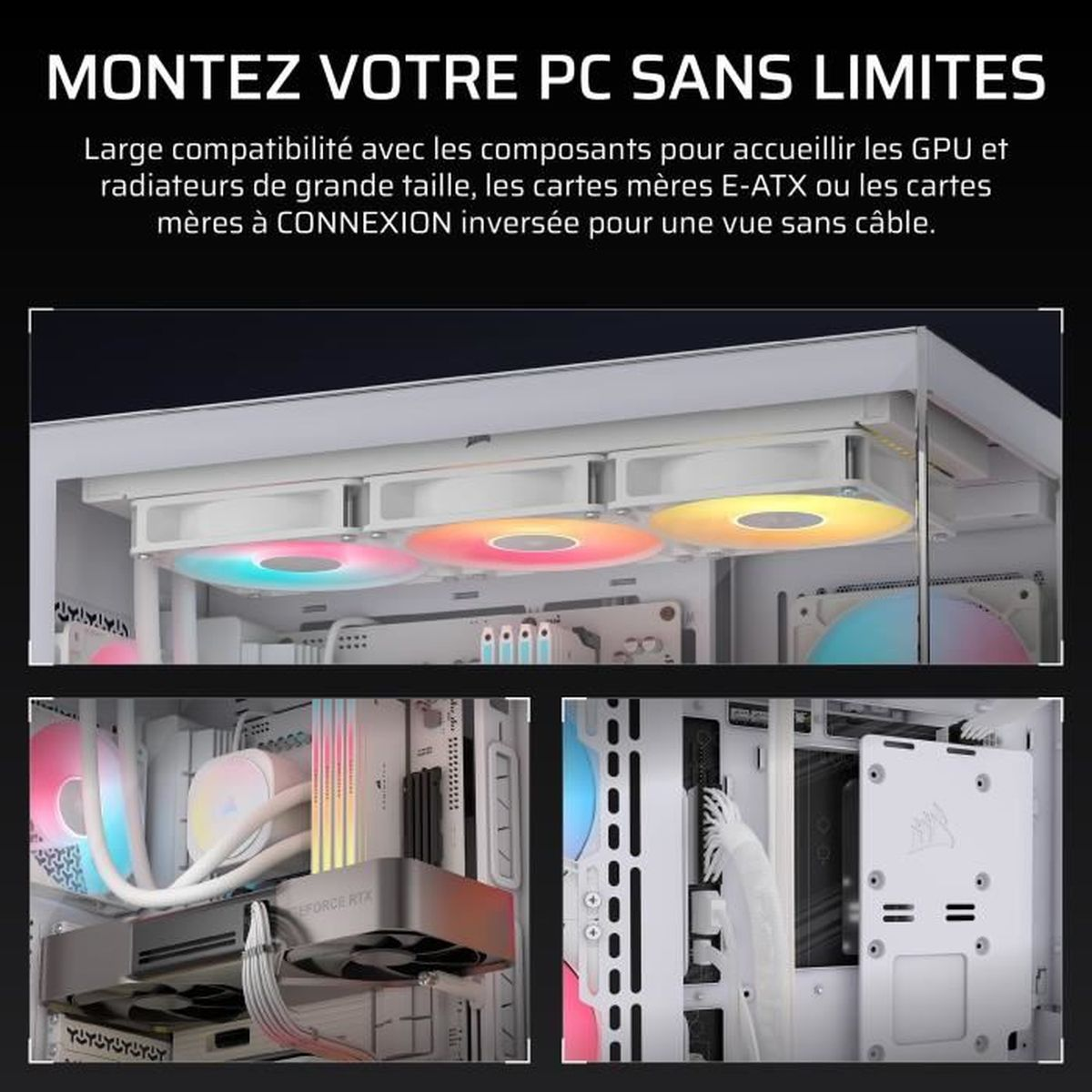 Un boîtier PC blanc avec ventilateurs RGB et composants, dont une carte graphique.