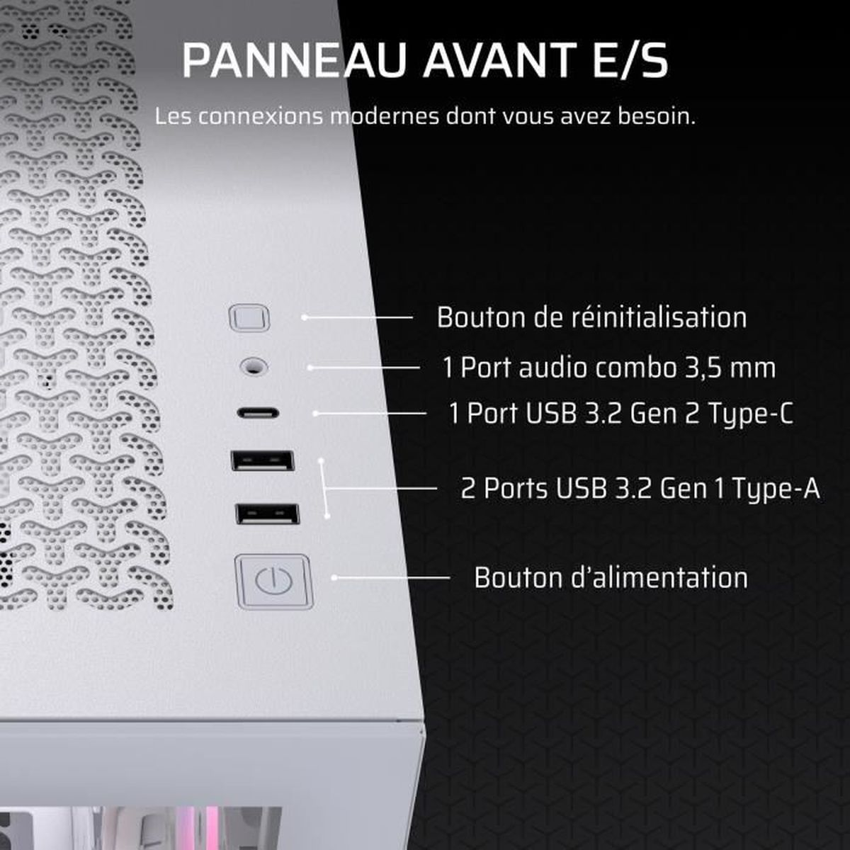 Panneau avant avec ports: Reset, Audio, USB-C, 2x USB-A, Bouton Power.