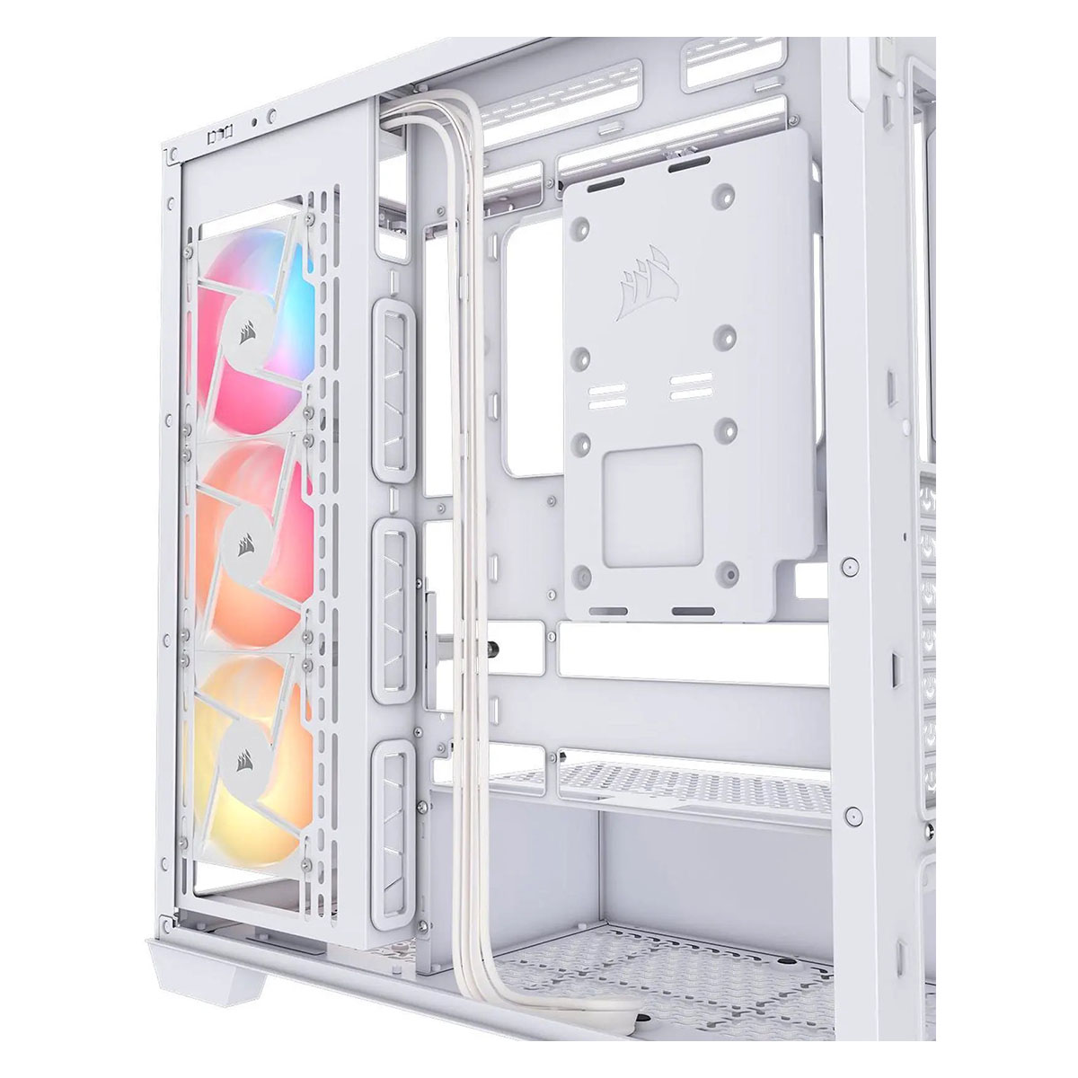 Intérieur de boîtier PC blanc avec ventilateurs RGB et gestion des câbles.
