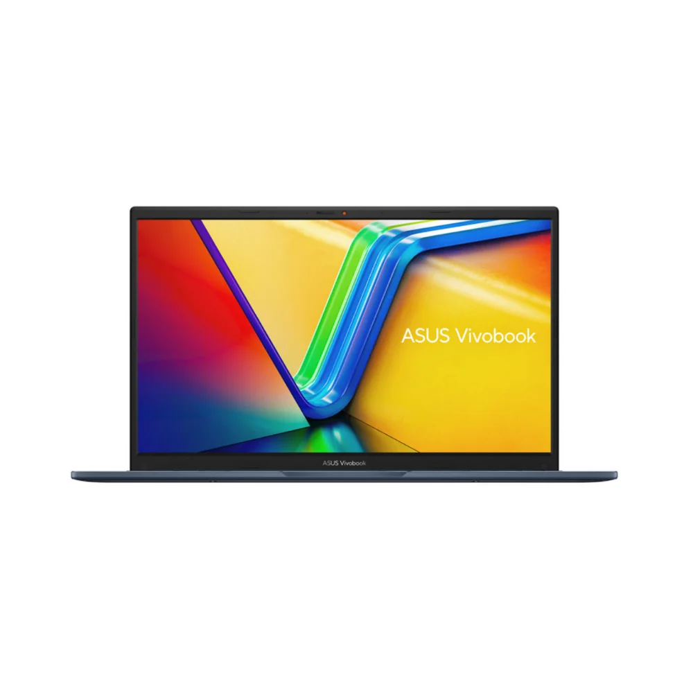 Ekranında renkli soyut duvar kağıdı bulunan koyu mavi ASUS Vivobook dizüstü bilgisayar.