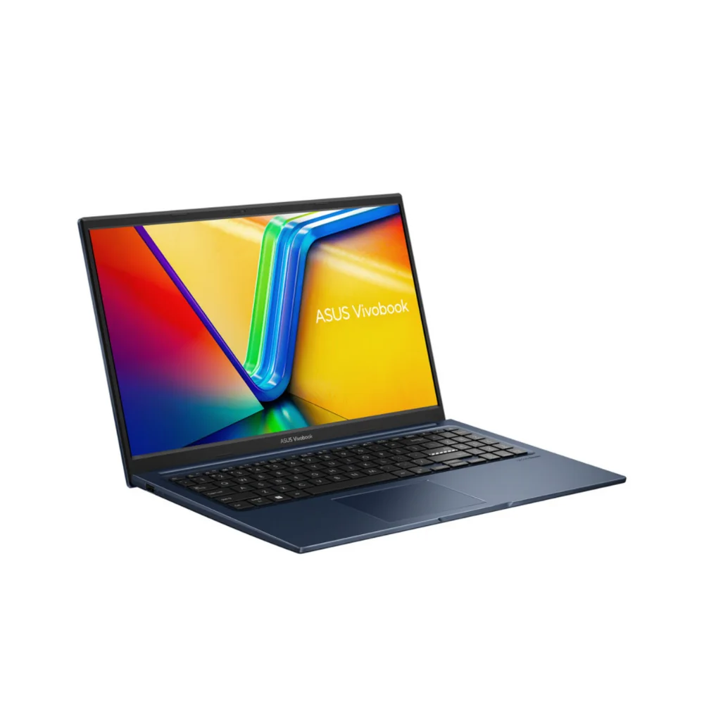Ekranında renkli arka plana sahip mavi bir Asus Vivobook dizüstü bilgisayar.