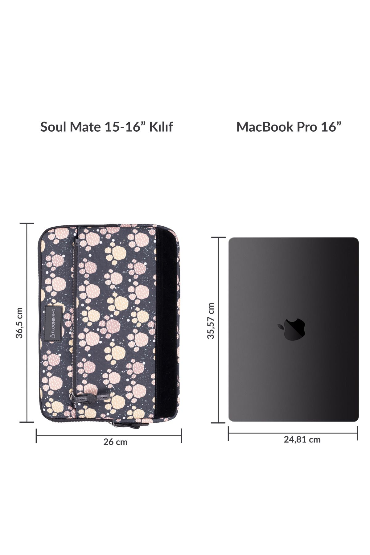 15-16" dizüstü bilgisayar için desenli kılıf, yanında siyah MacBook Pro 16".