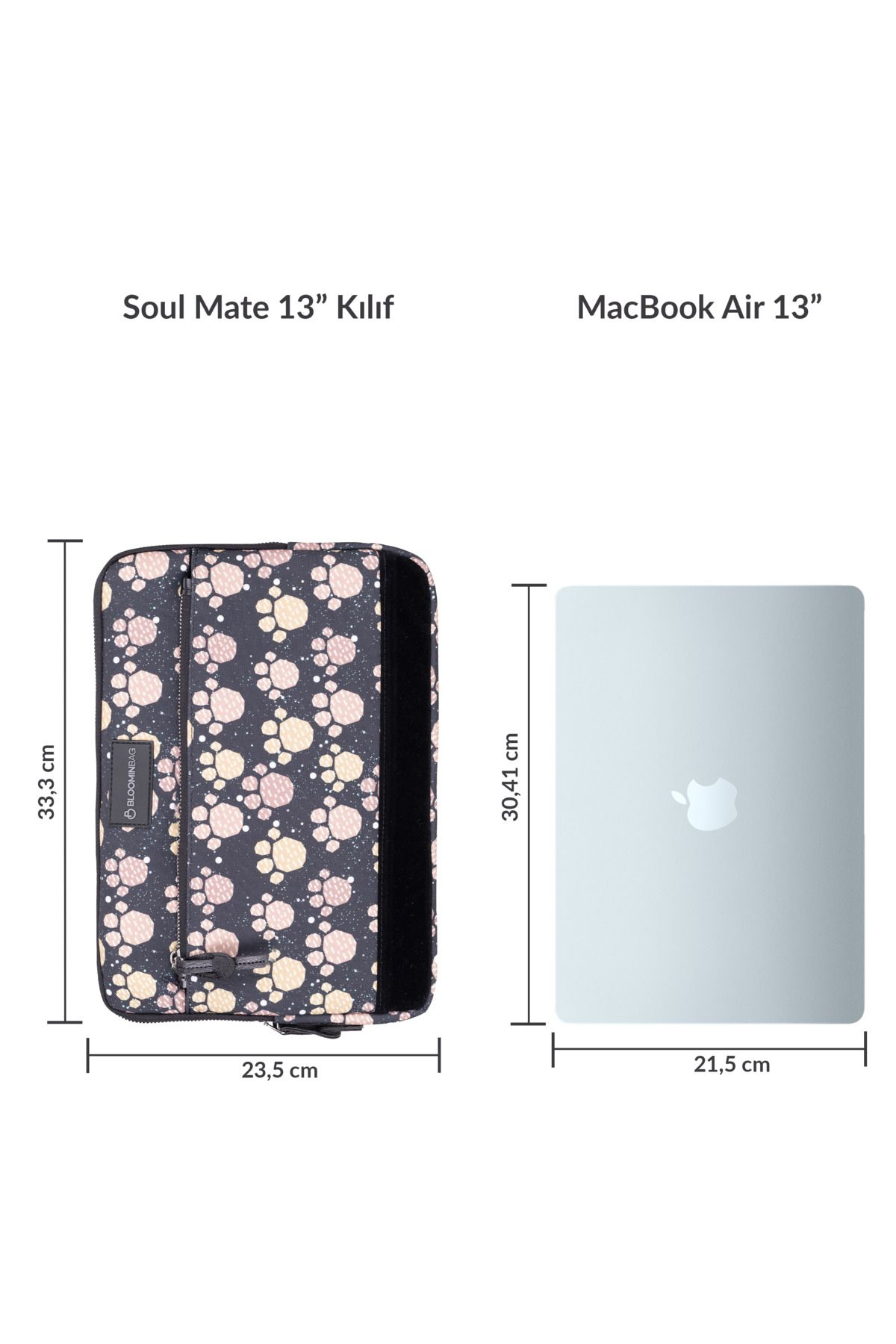 Pati izi desenli dizüstü bilgisayar kılıfı ve yanında MacBook Air 13".