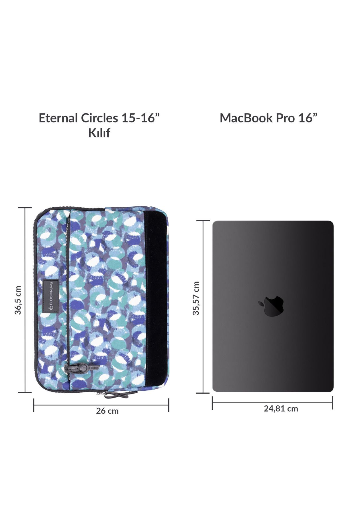 Daire desenli laptop kılıfı, 16 inç MacBook Pro'nun yanında.