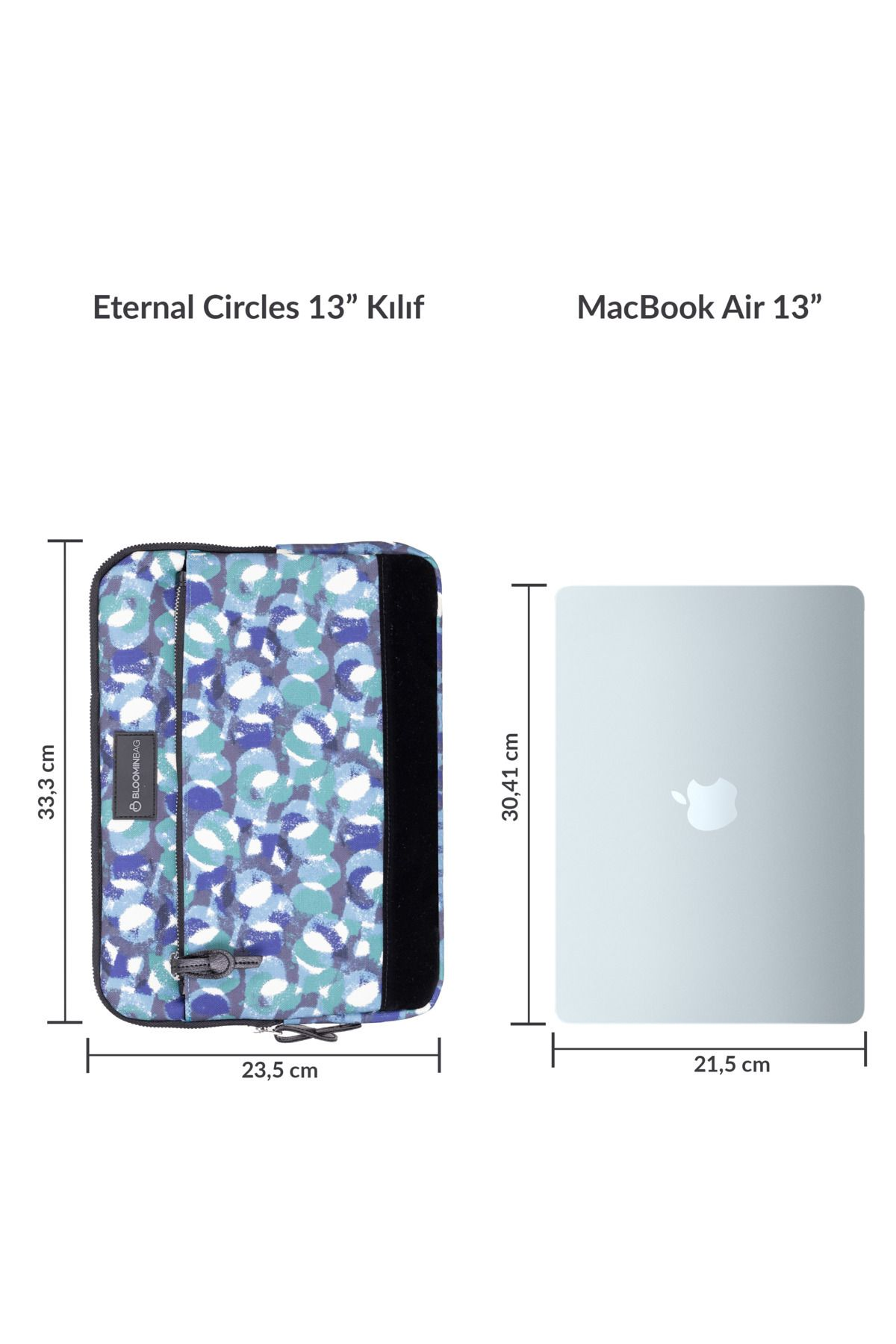 Mavi, daire desenli laptop kılıfı, 13 inç MacBook Air yanında.