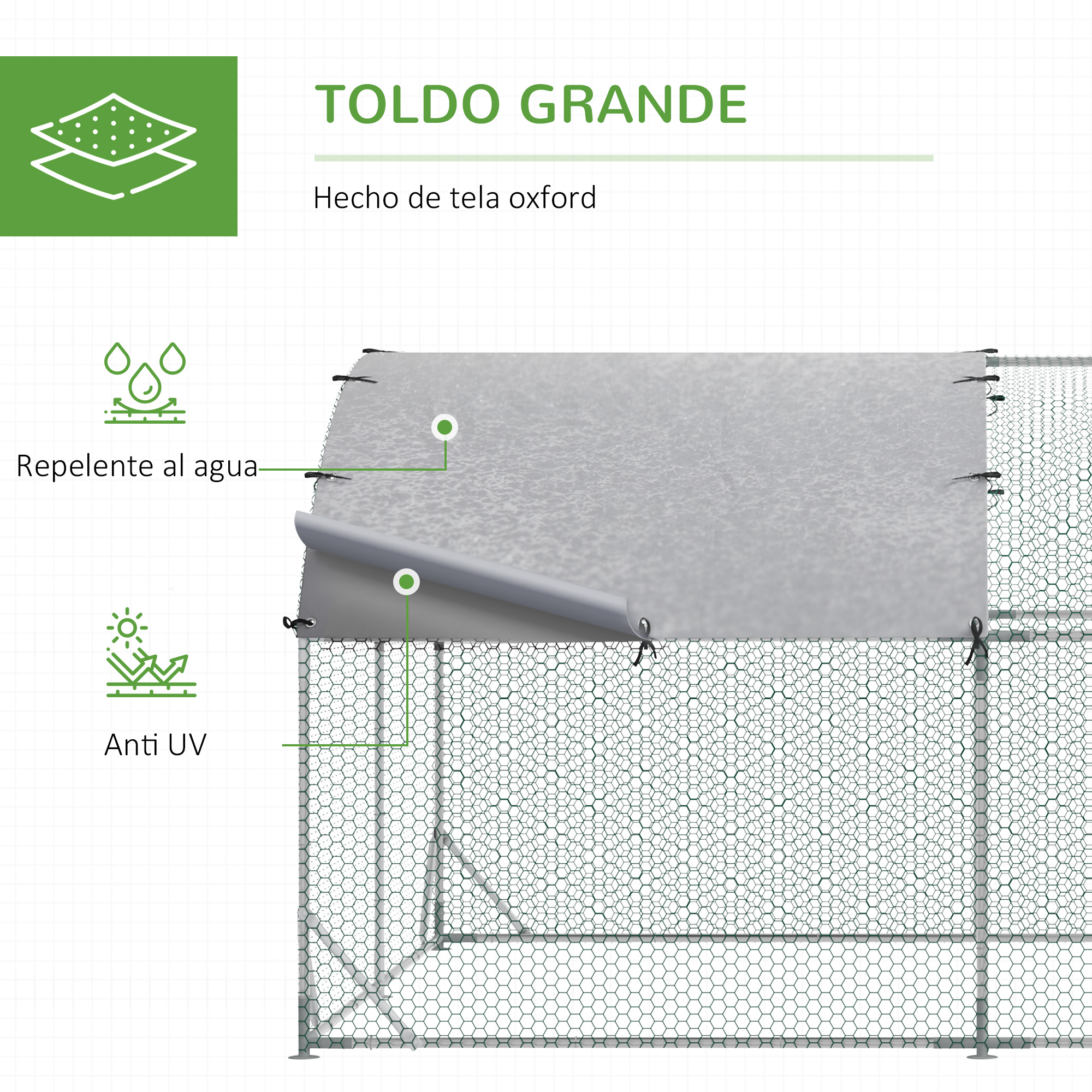 Gran carpa de tela Oxford, repelente al agua y resistente a UV.