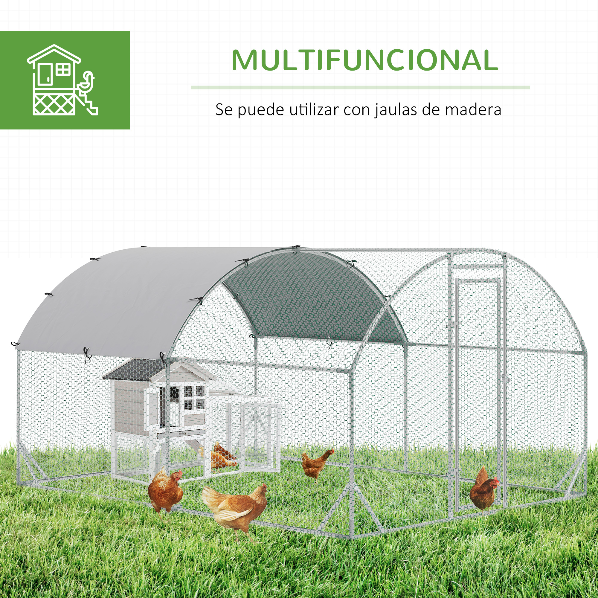 Un gallinero con gallinas sobre hierba verde, con techo y puerta.