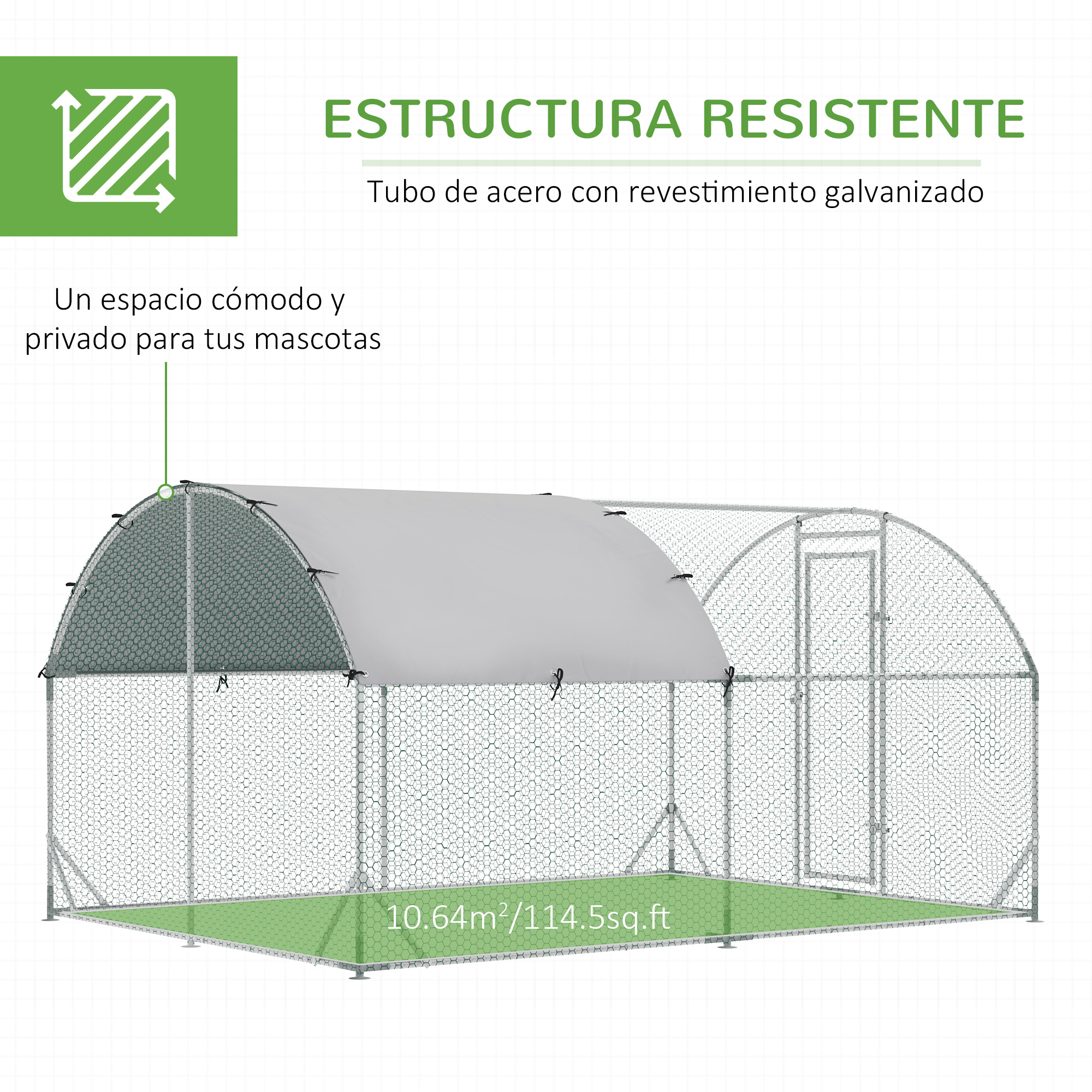 Una jaula resistente con tubo de acero galvanizado y techo gris.