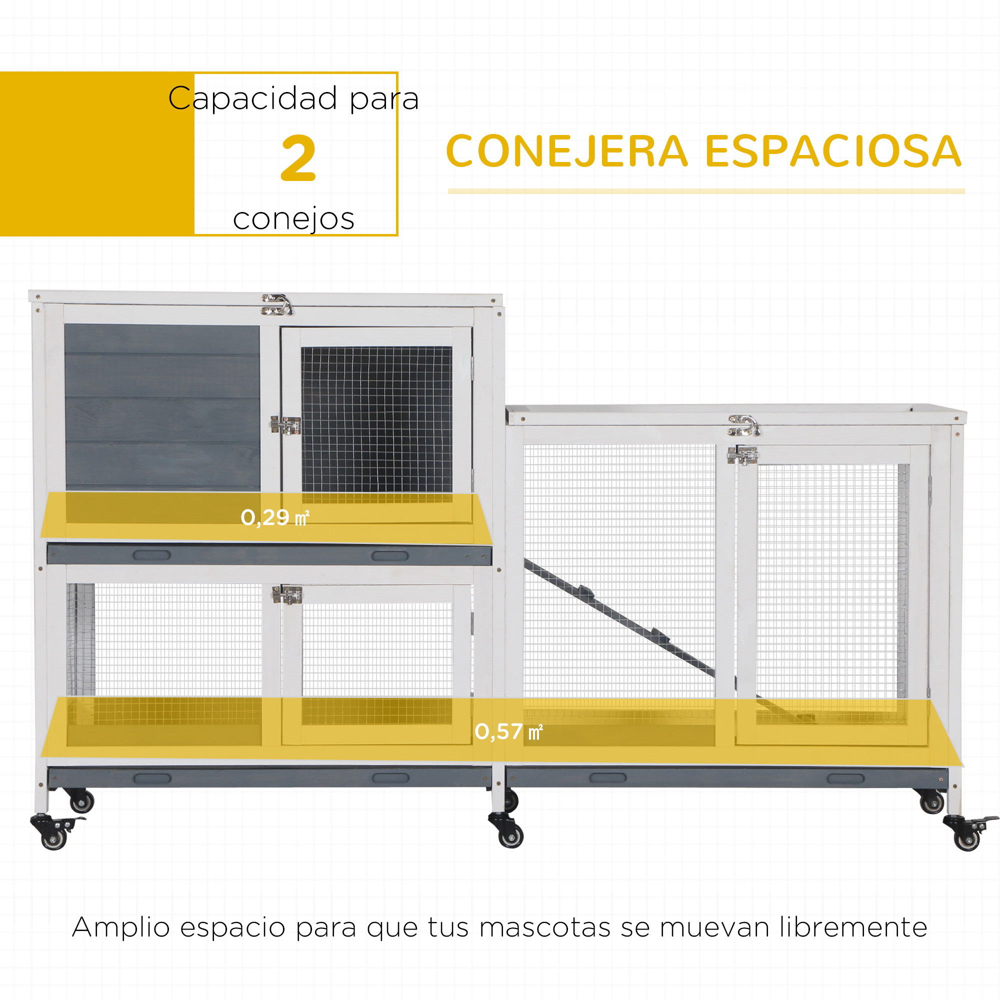 Amplia conejera de madera con dos niveles y ruedas.