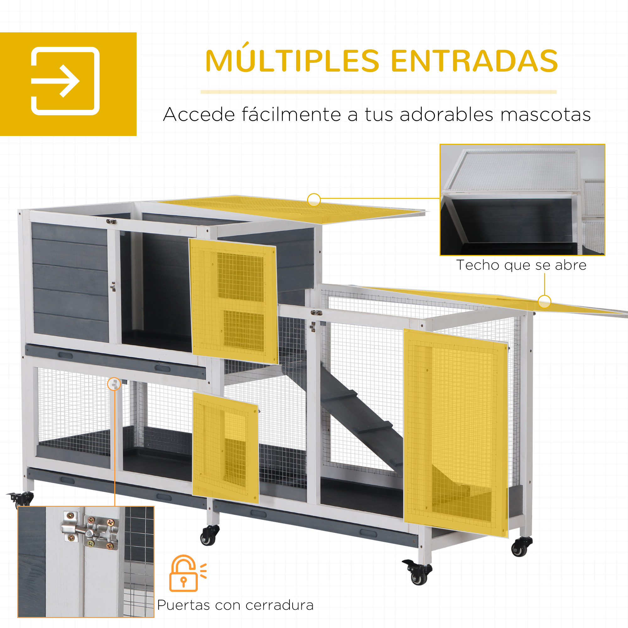 Una conejera de dos pisos gris y blanca con puertas amarillas y techo abierto, sobre ruedas, con textos superpuestos.