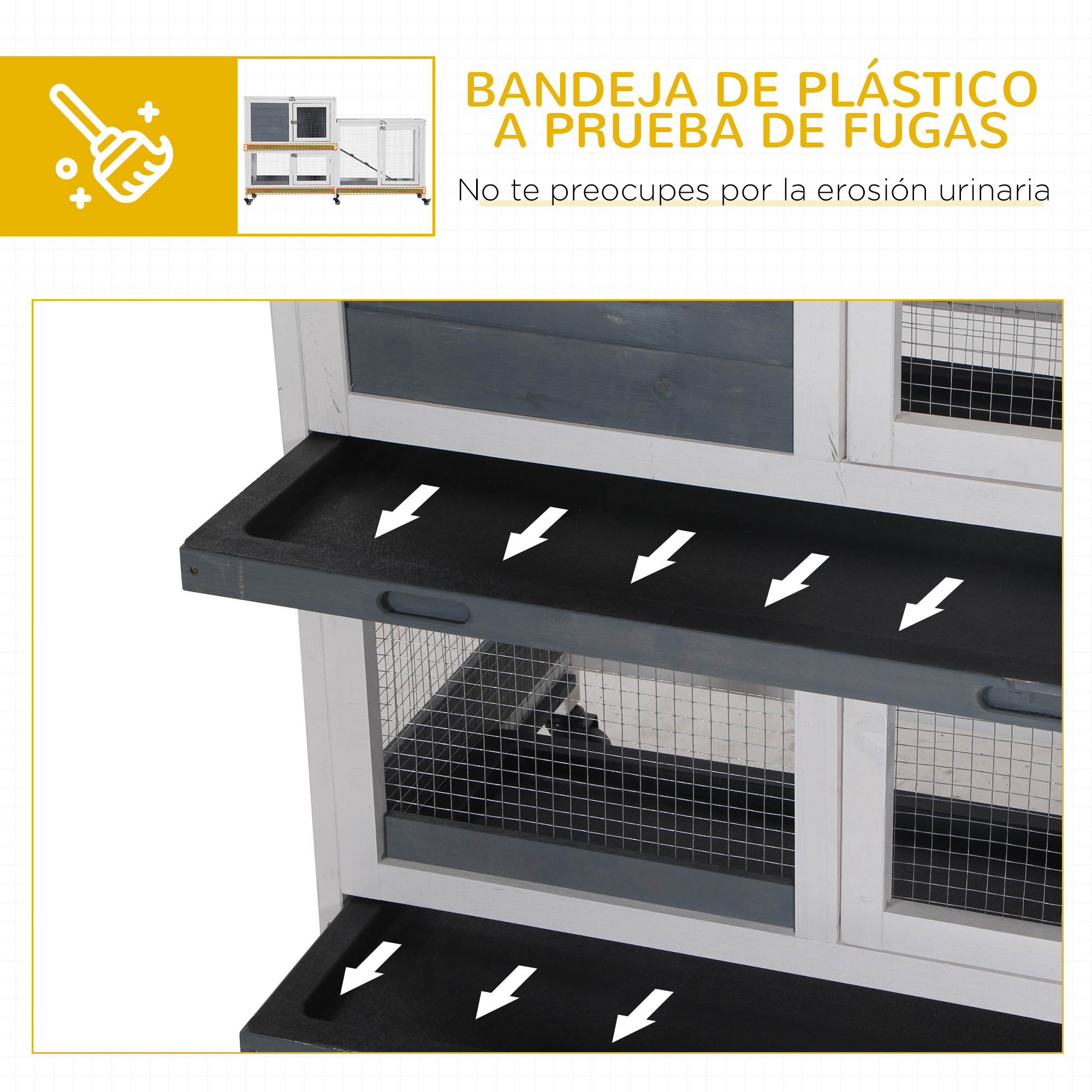 Una jaula de madera para animales pequeños con bandejas extraíbles y flechas indicando drenaje.