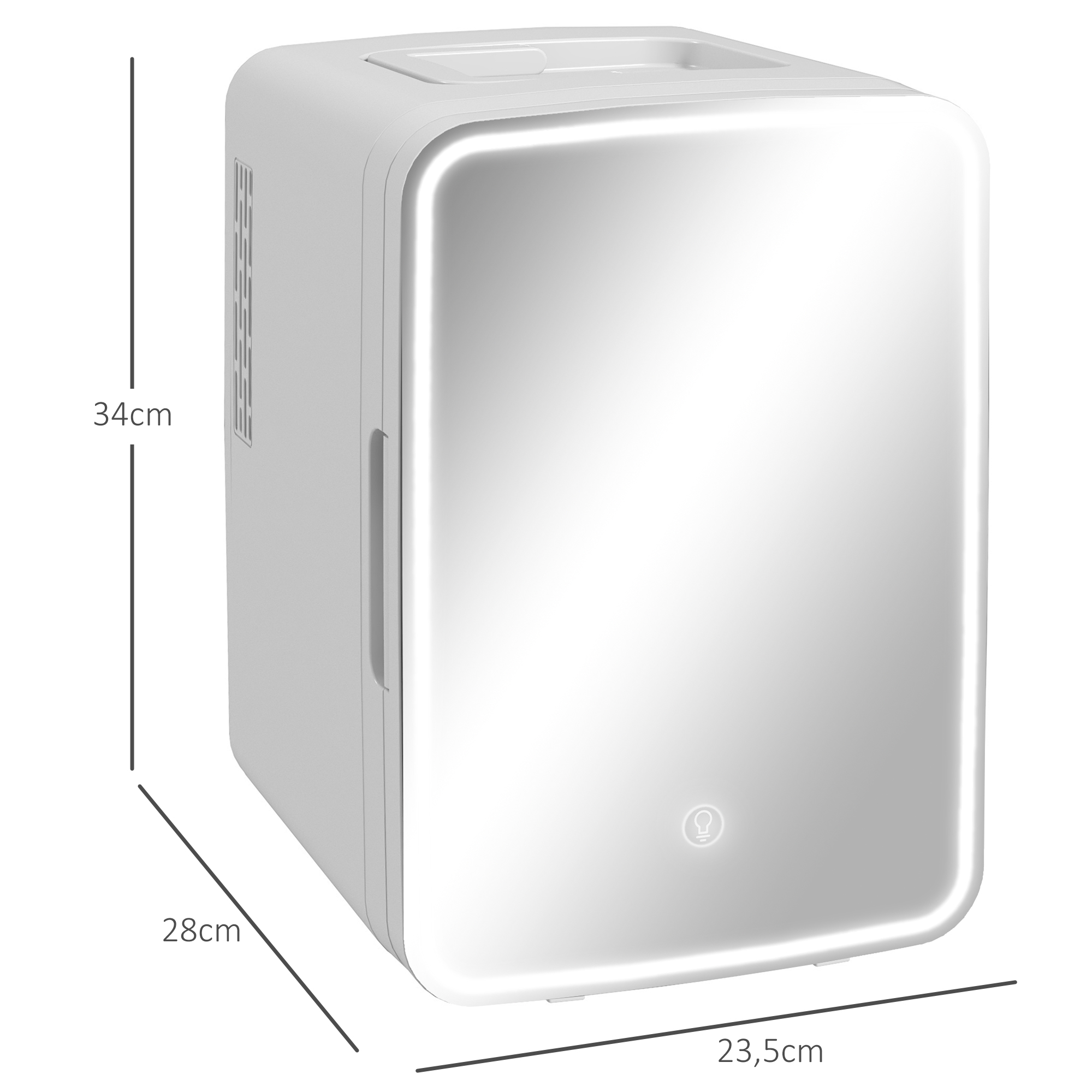 Una mini nevera blanca con espejo iluminado y dimensiones.