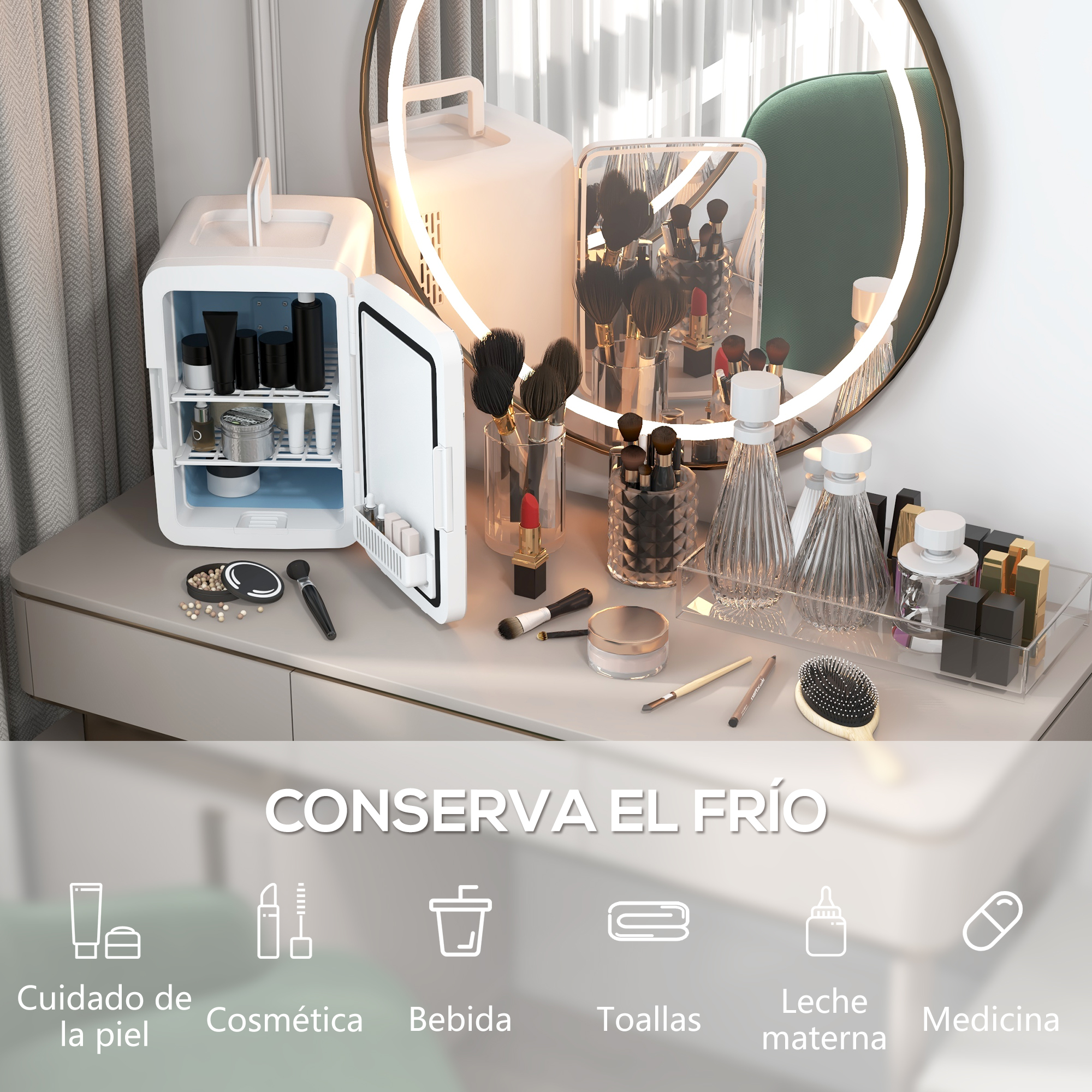 Un mini-refrigerador blanco para cosméticos en un tocador con espejo y maquillaje.