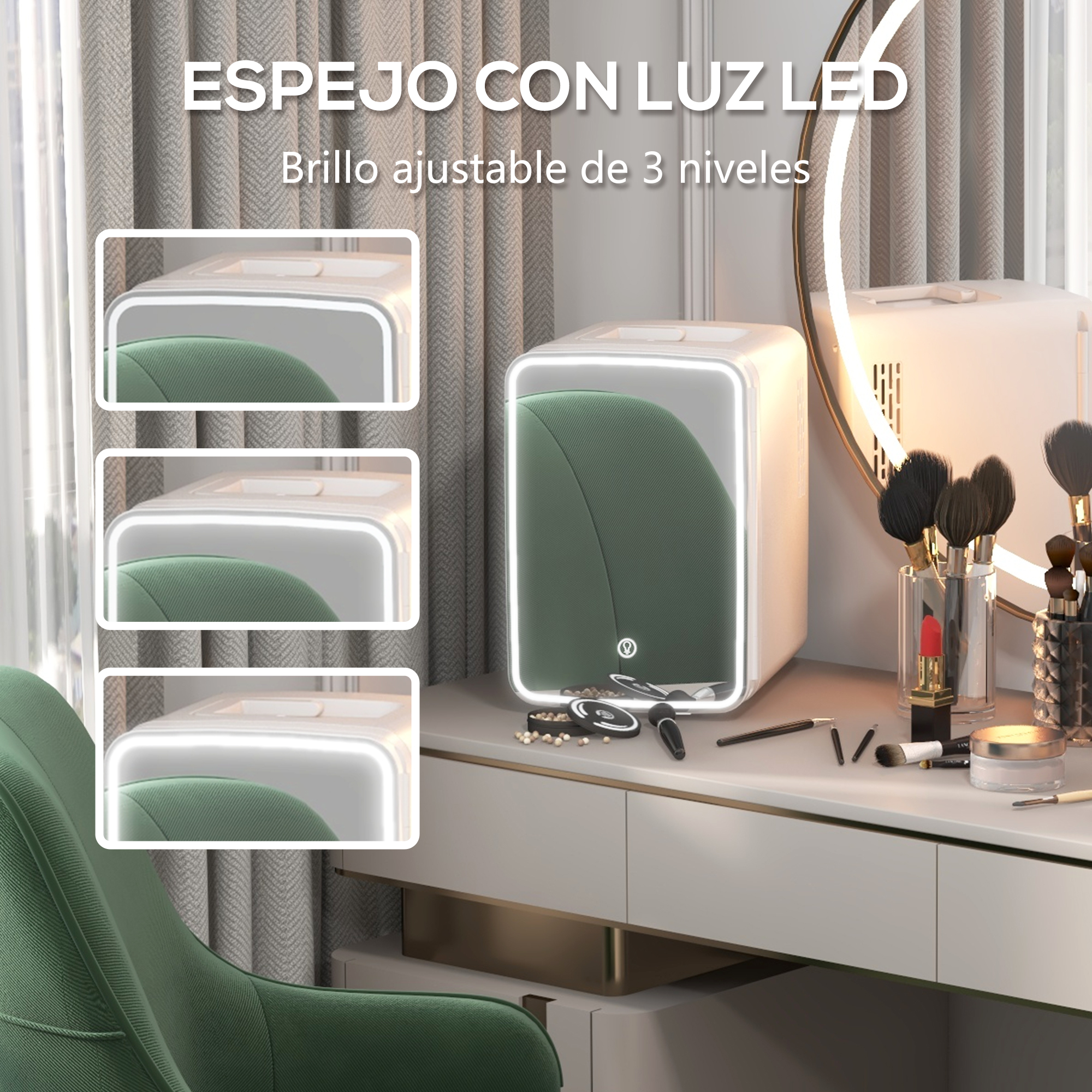 Un tocador blanco con iluminación LED y maquillaje se muestra en un tocador.