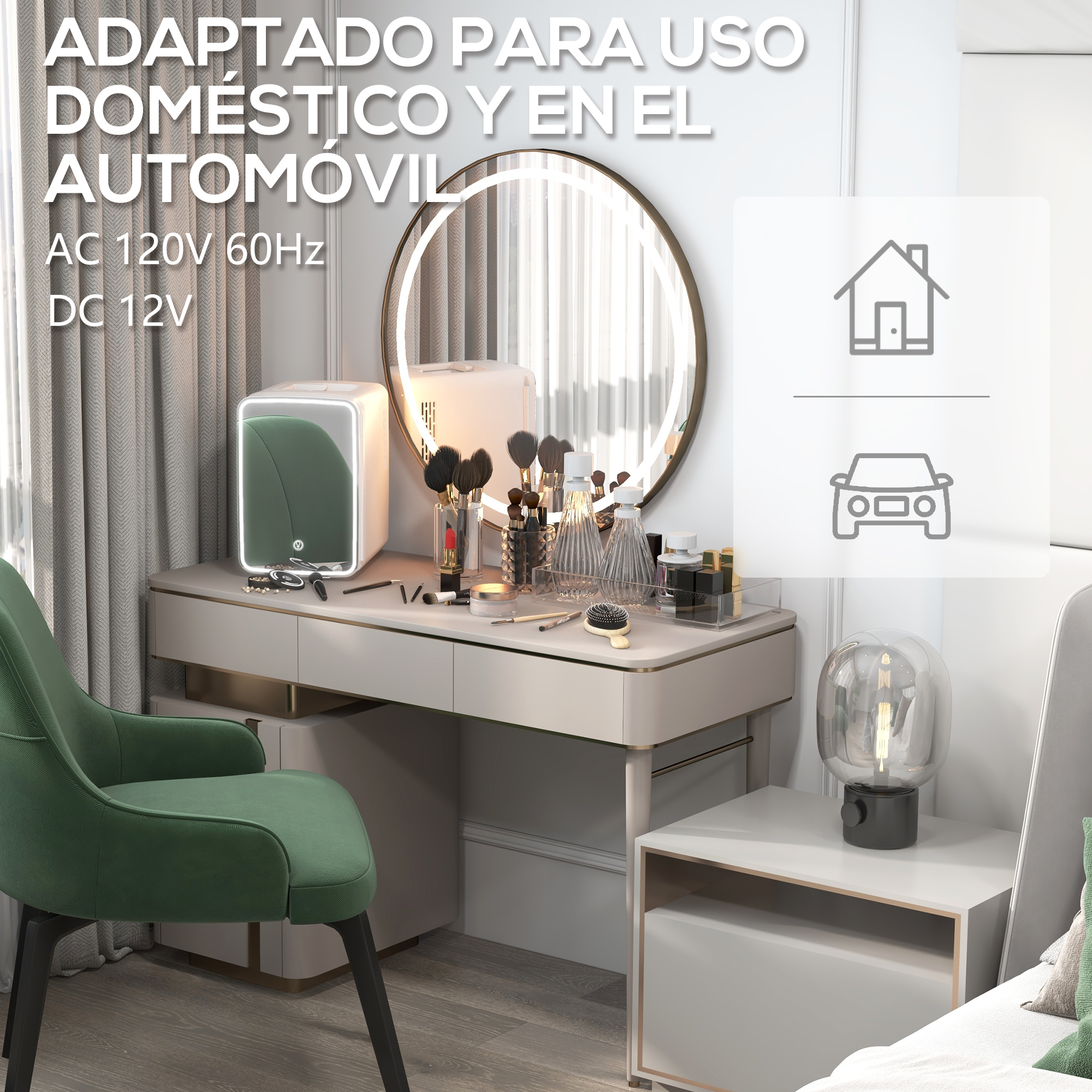 Una pequeña nevera blanca con lateral verde está en un tocador con maquillaje.