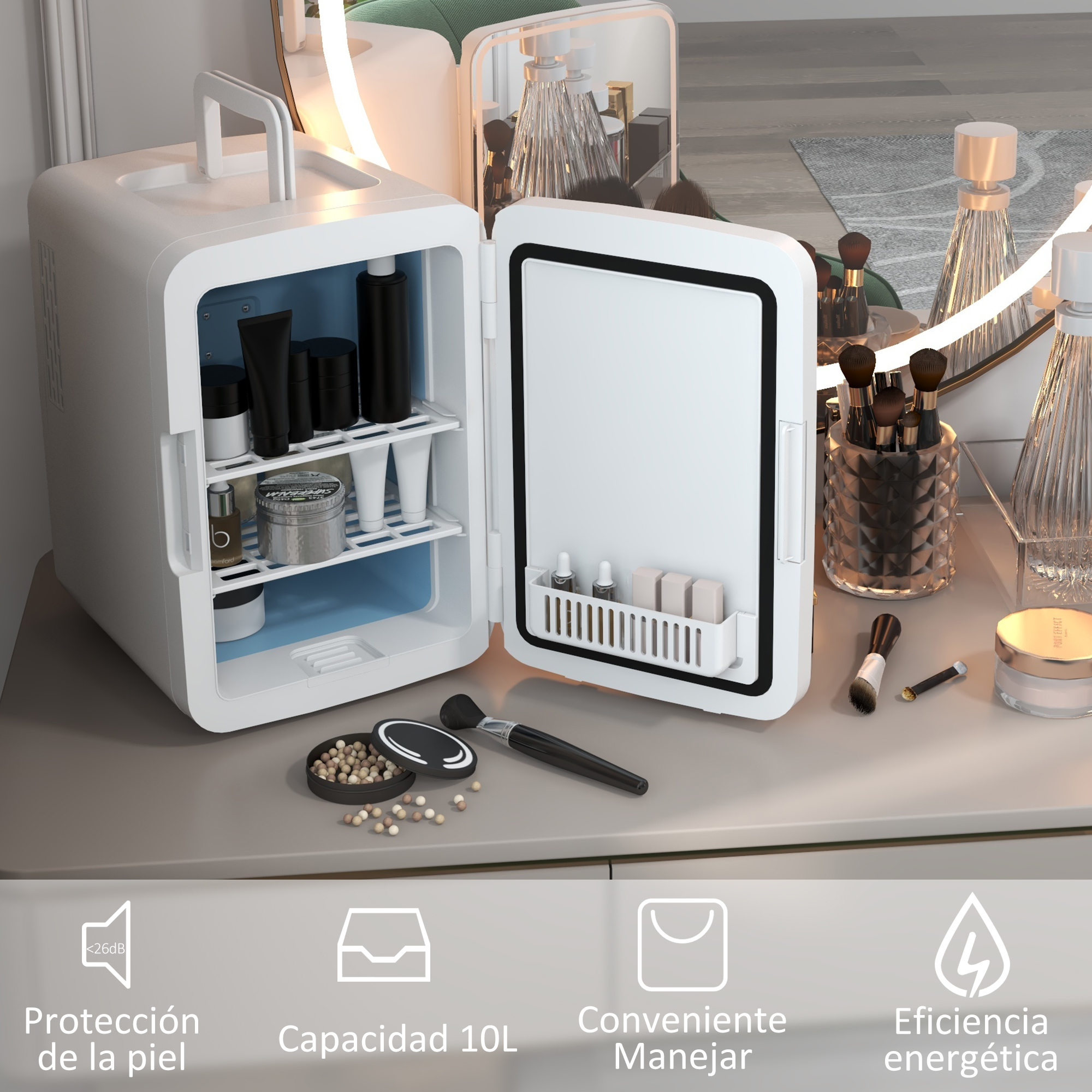 Un mini refrigerador cosmético blanco con puertas abiertas, lleno de botellas y frascos.