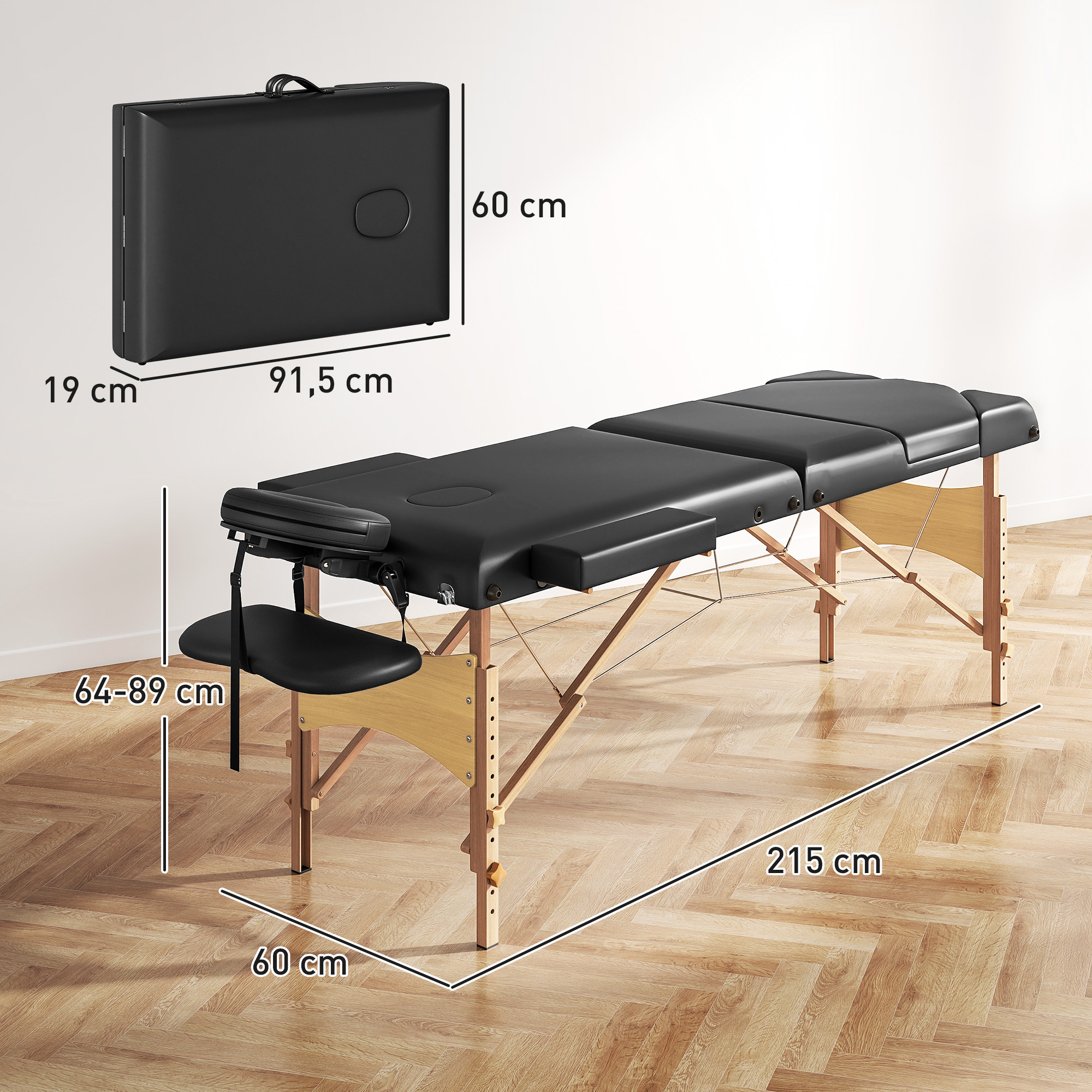 Mesa de masaje negra de cuero con patas de madera. Se indican las dimensiones.