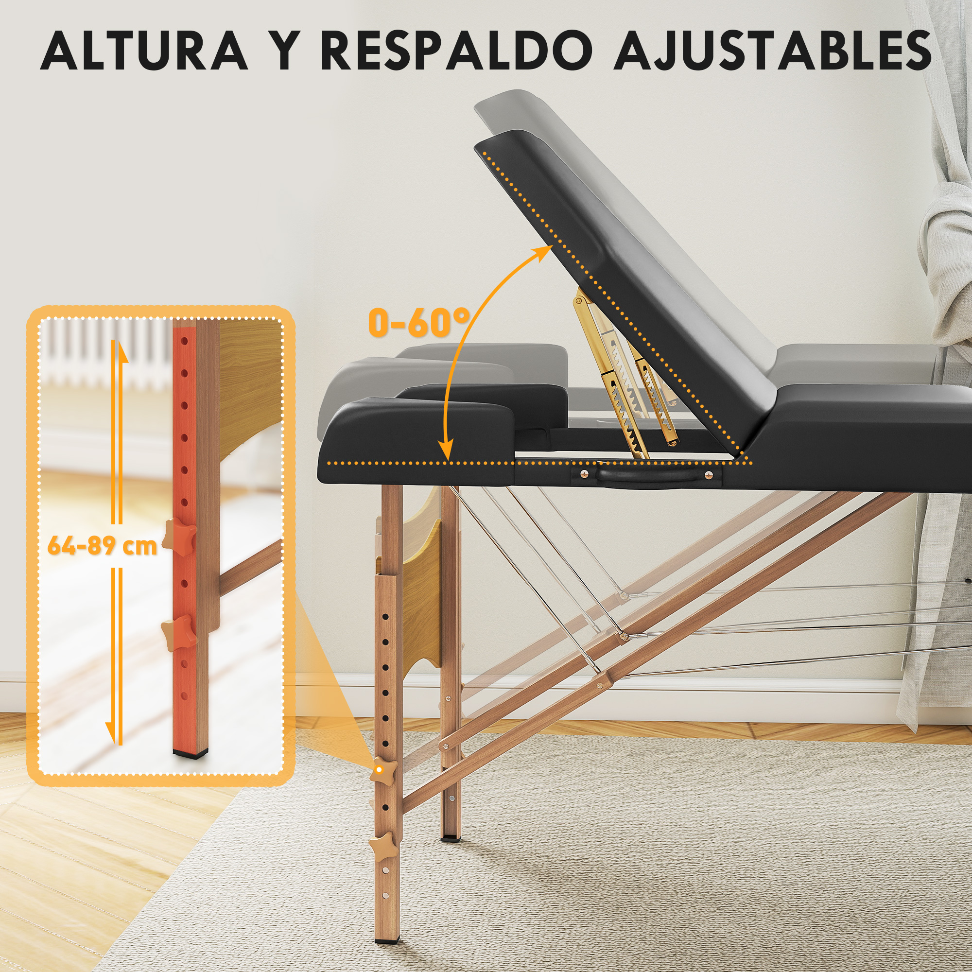 Un sillón de masaje negro con altura y respaldo ajustables.