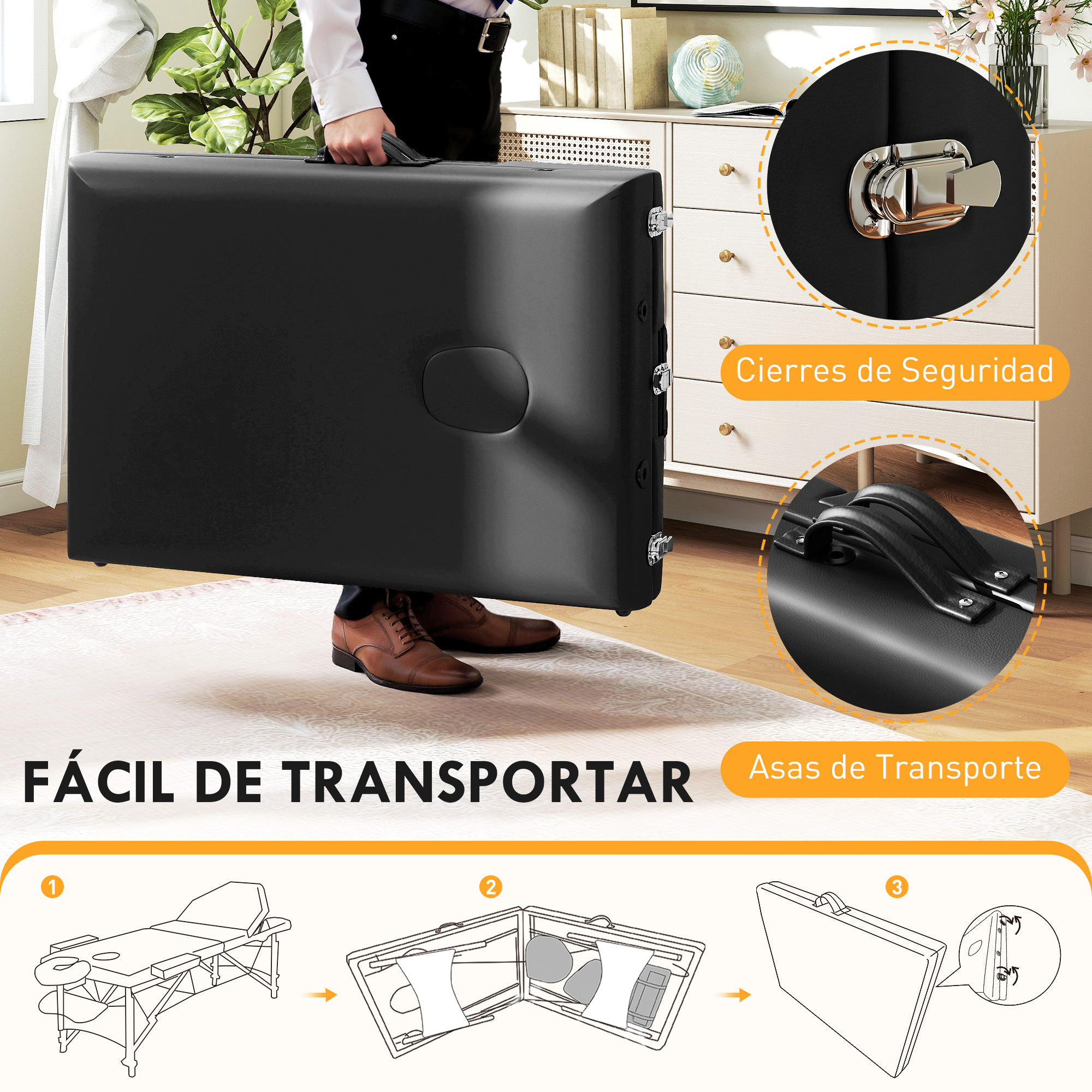 Una camilla de masaje negra, cerrada, es transportada por una persona.
