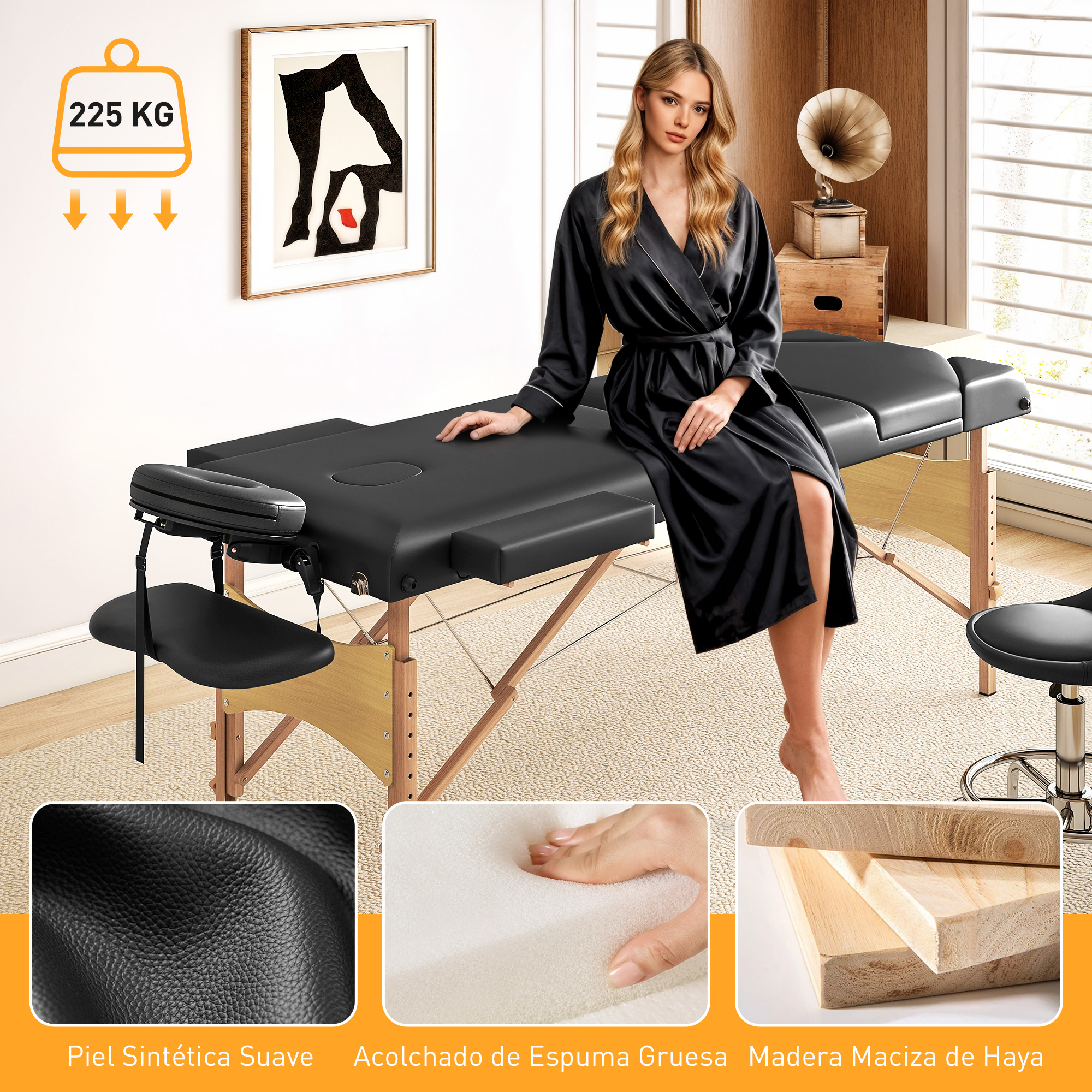 Mesa de masaje negra con reposacabezas ajustable, mujer sentada.