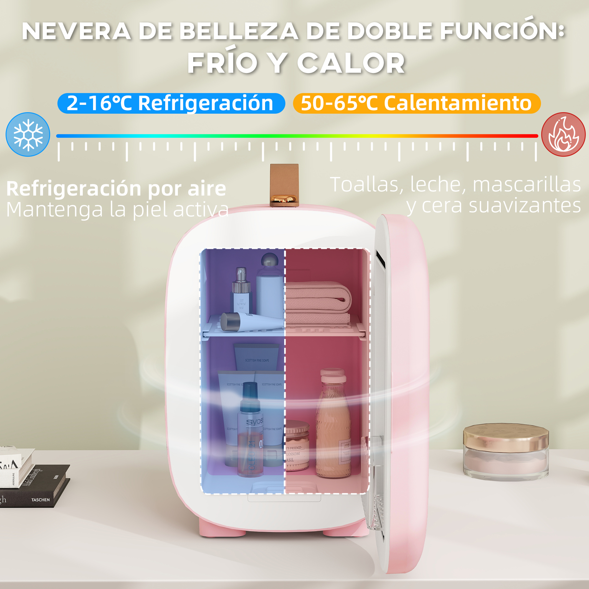 Una mini nevera de belleza rosa de doble compartimento, un lado frío, un lado caliente.