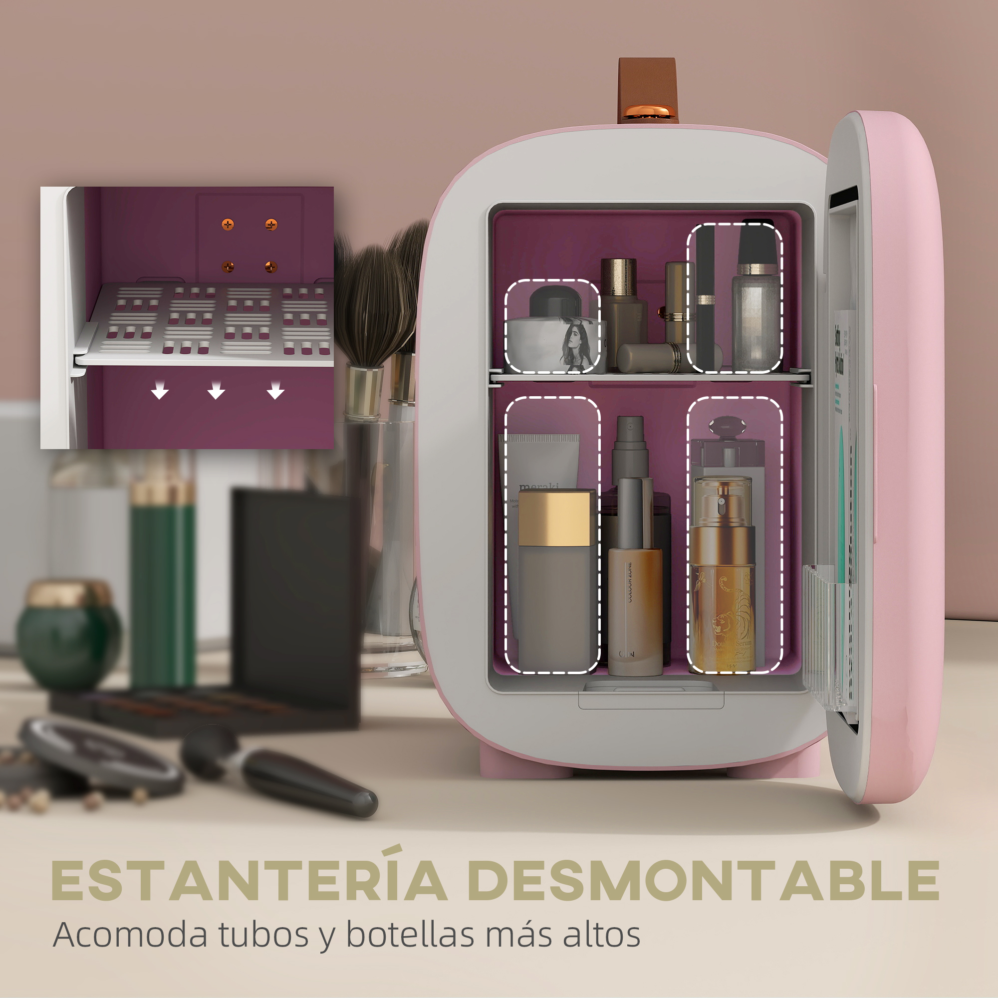 Mini nevera cosmética rosa con puertas abiertas, llena de botellas y cremas.