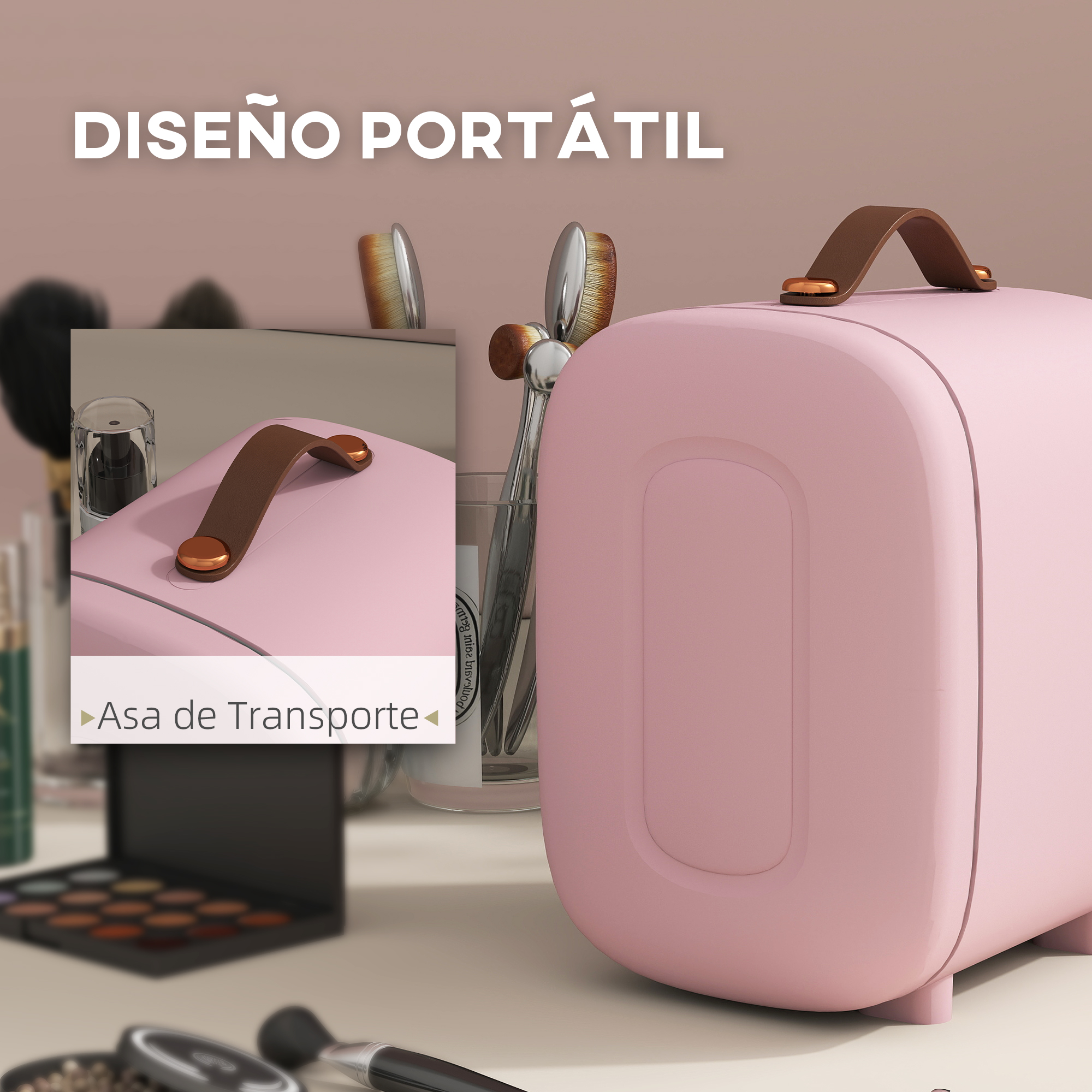 Un neceser portátil rosa con asa marrón, rodeado de brochas de maquillaje.