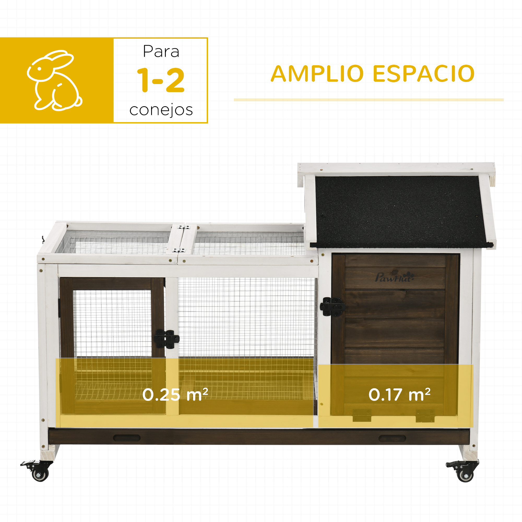 Una conejera blanca y marrón con ruedas, con dos áreas de 0,25 m² y 0,17 m².