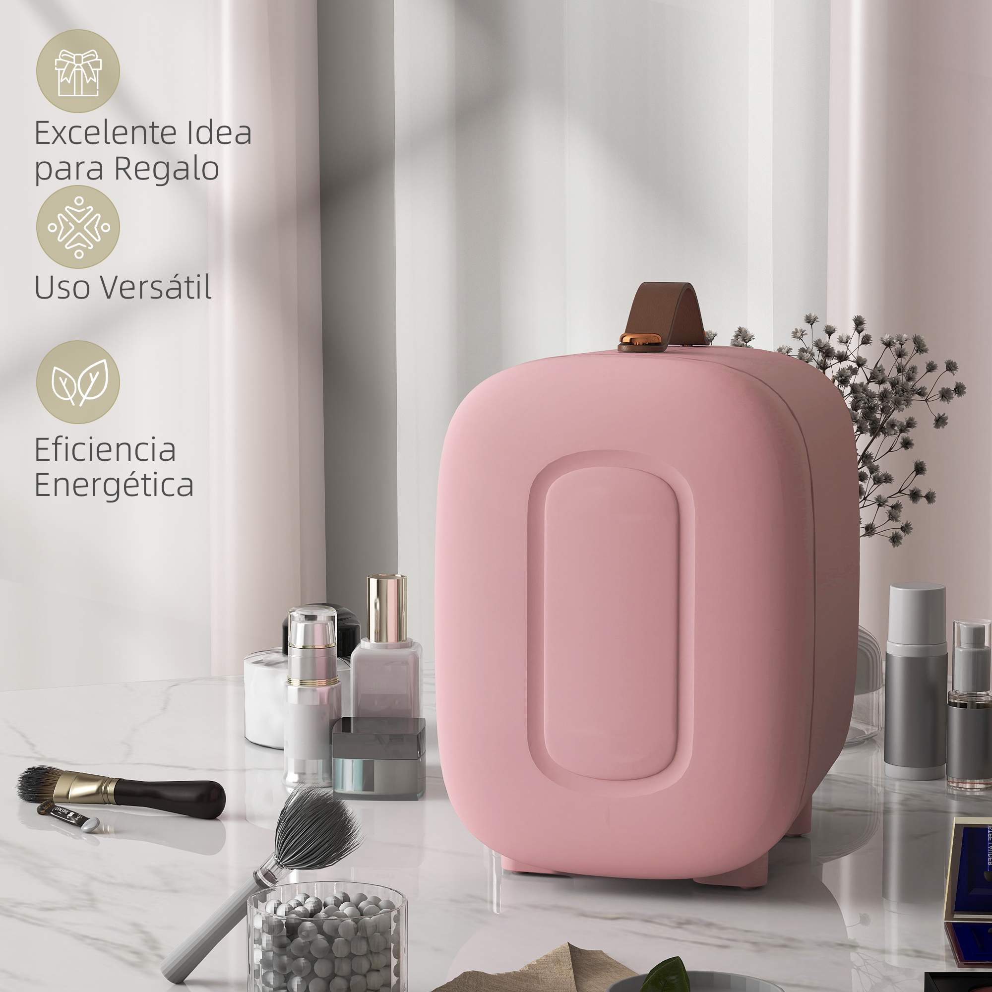Almacenamiento cosmético rosa con pinceles, botellas y decoración en mesa de mármol.