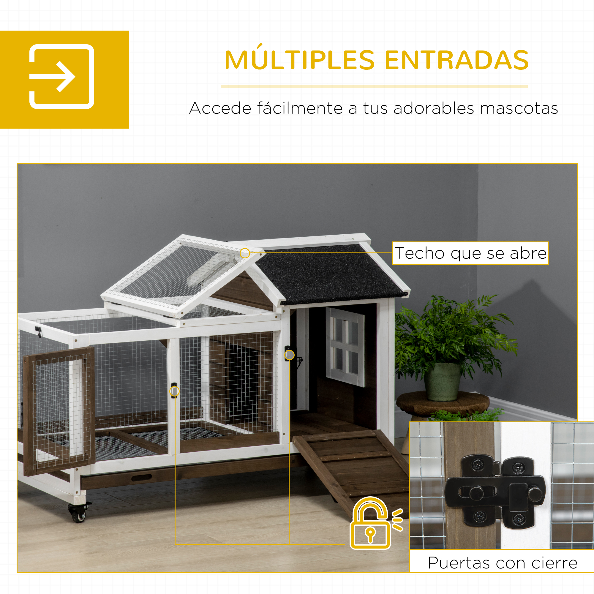 Una casa para pollos marrón y blanca con múltiples entradas, rampa y techo abatible.