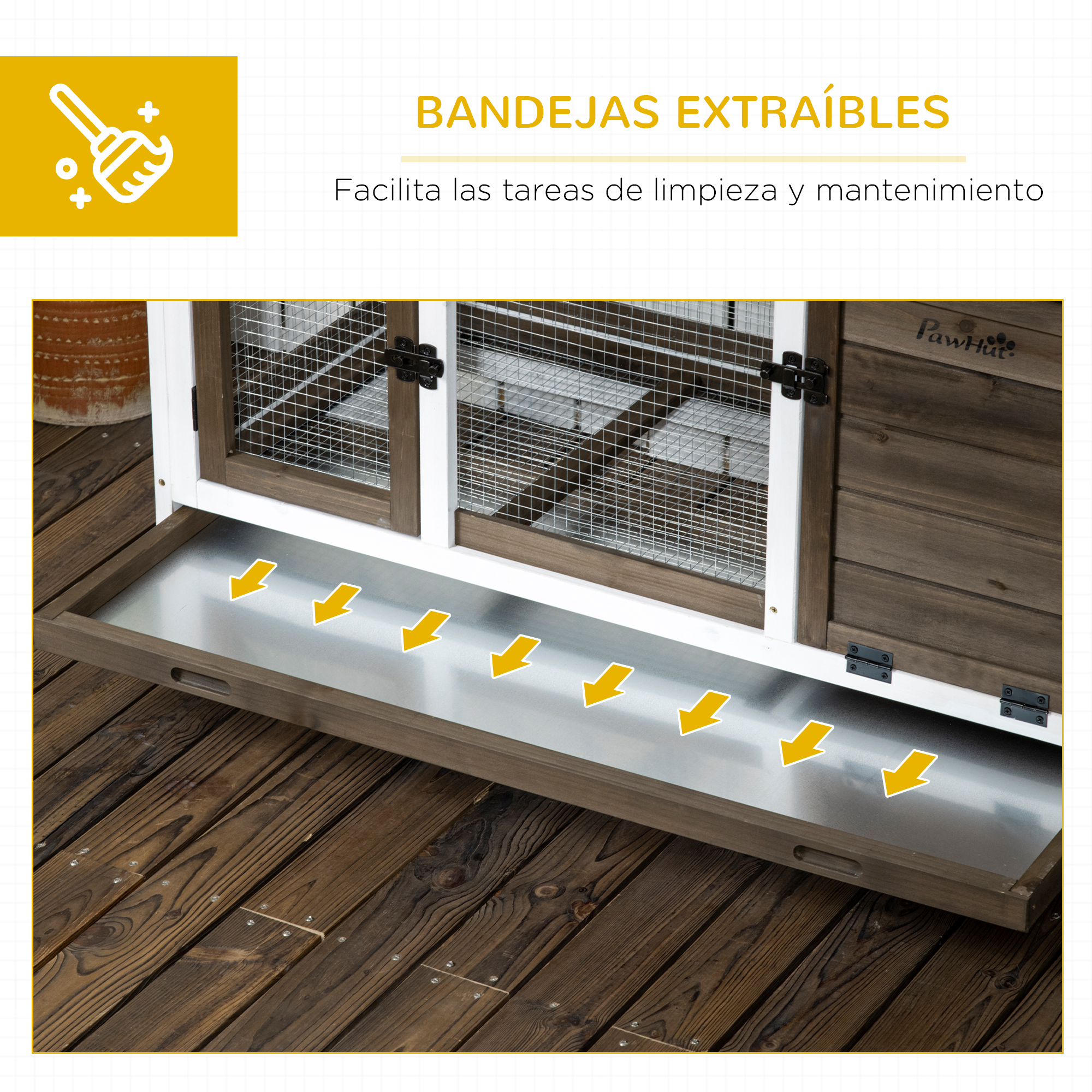 Bandeja extraíble de una jaula de animales con flechas amarillas apuntando hacia abajo.