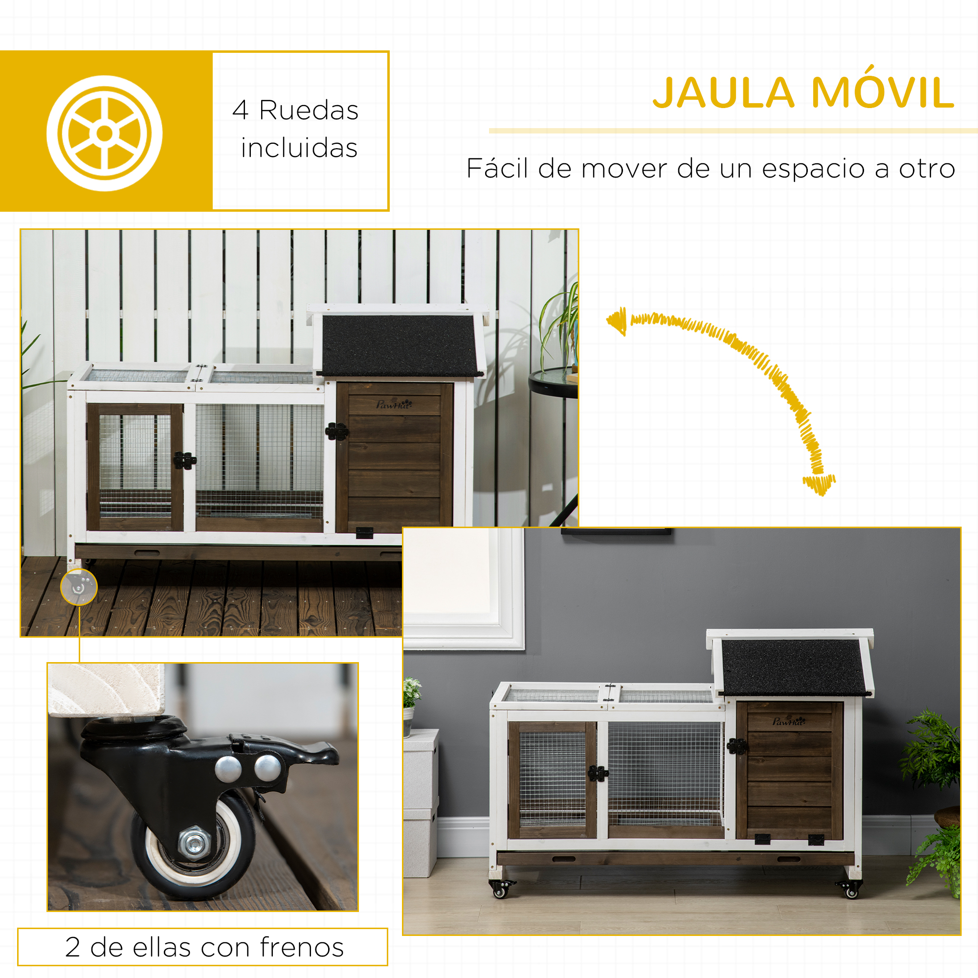 Una jaula móvil con 4 ruedas, dos de ellas con frenos.