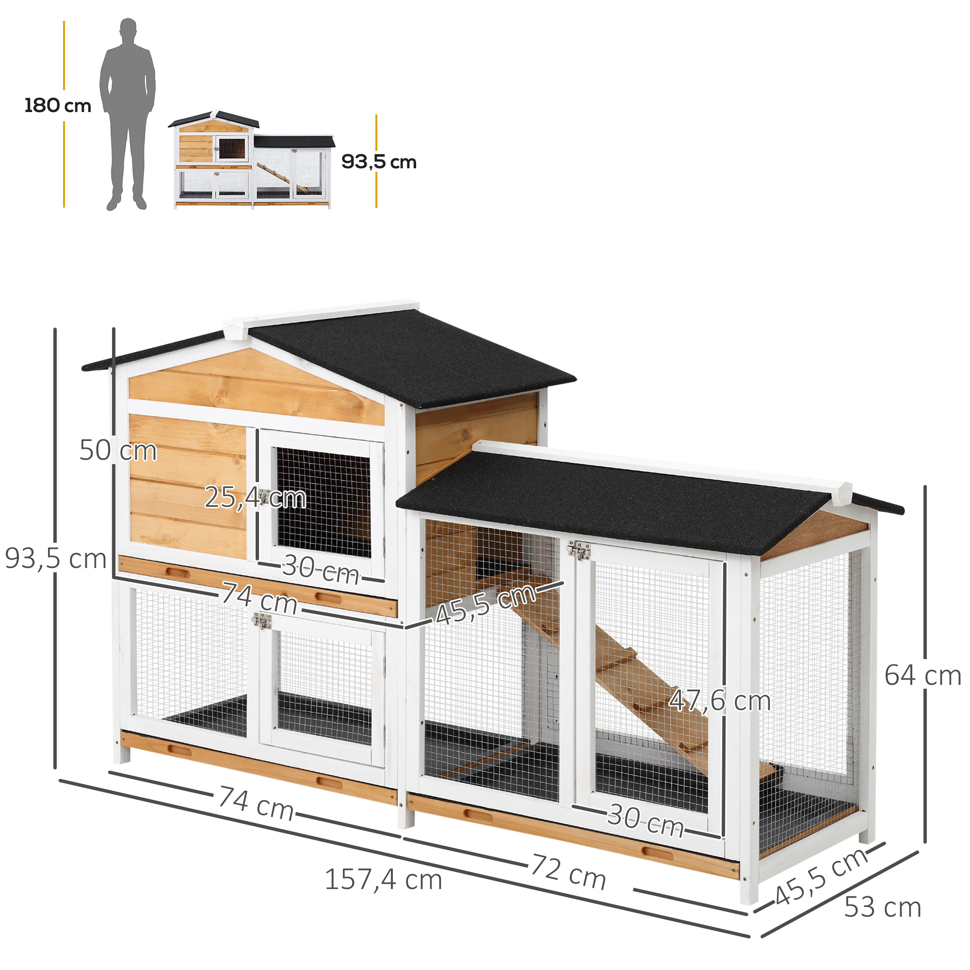 Conejera de madera de dos niveles con rampas y dimensiones.