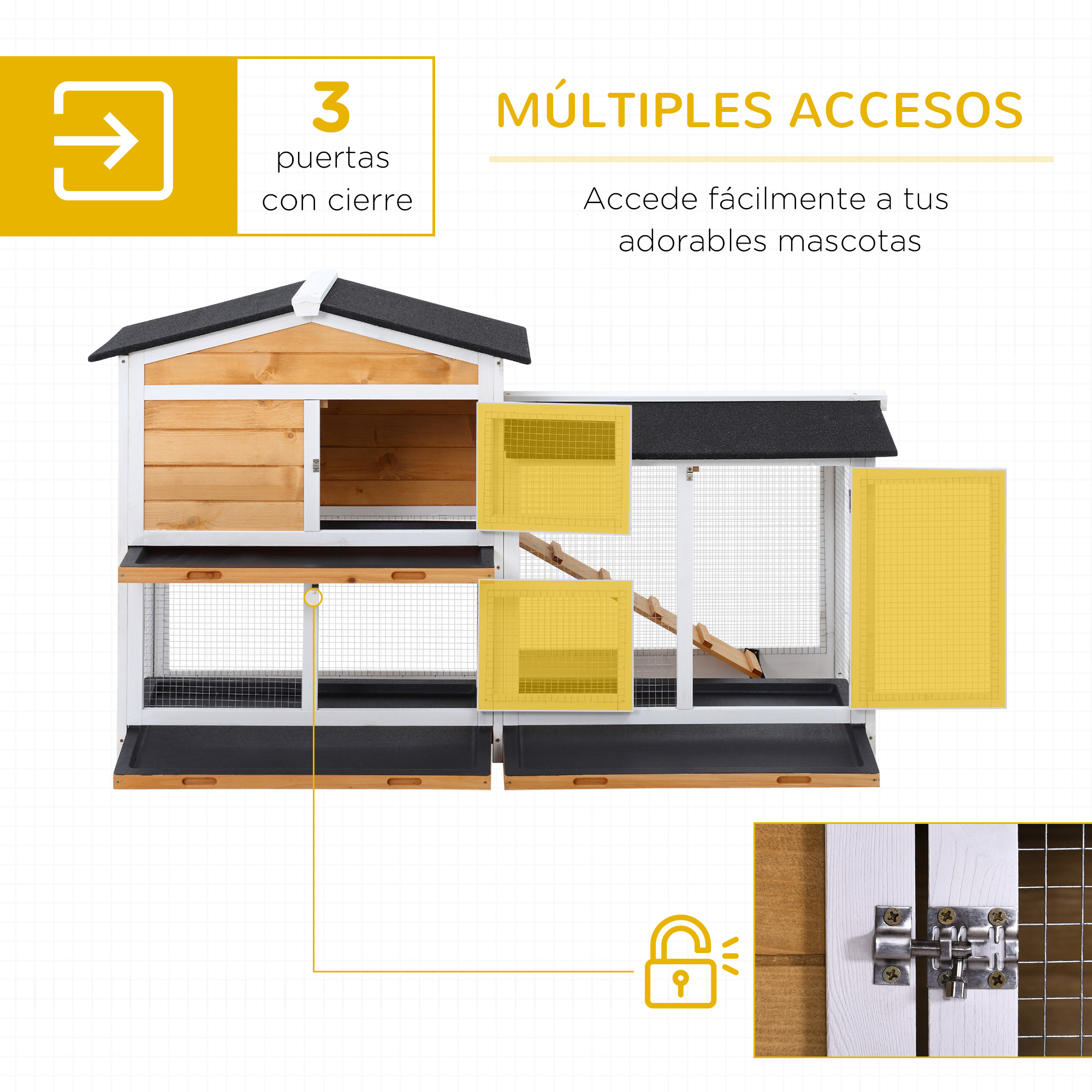 Jaula de mascotas de varios niveles con tres puertas y un icono de candado.