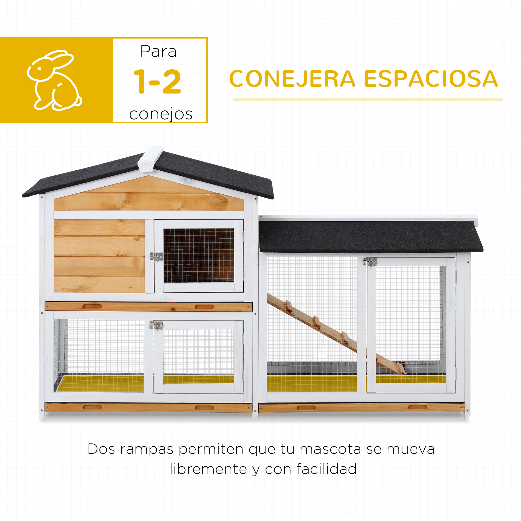 Una espaciosa conejera de madera con dos niveles y rampas.