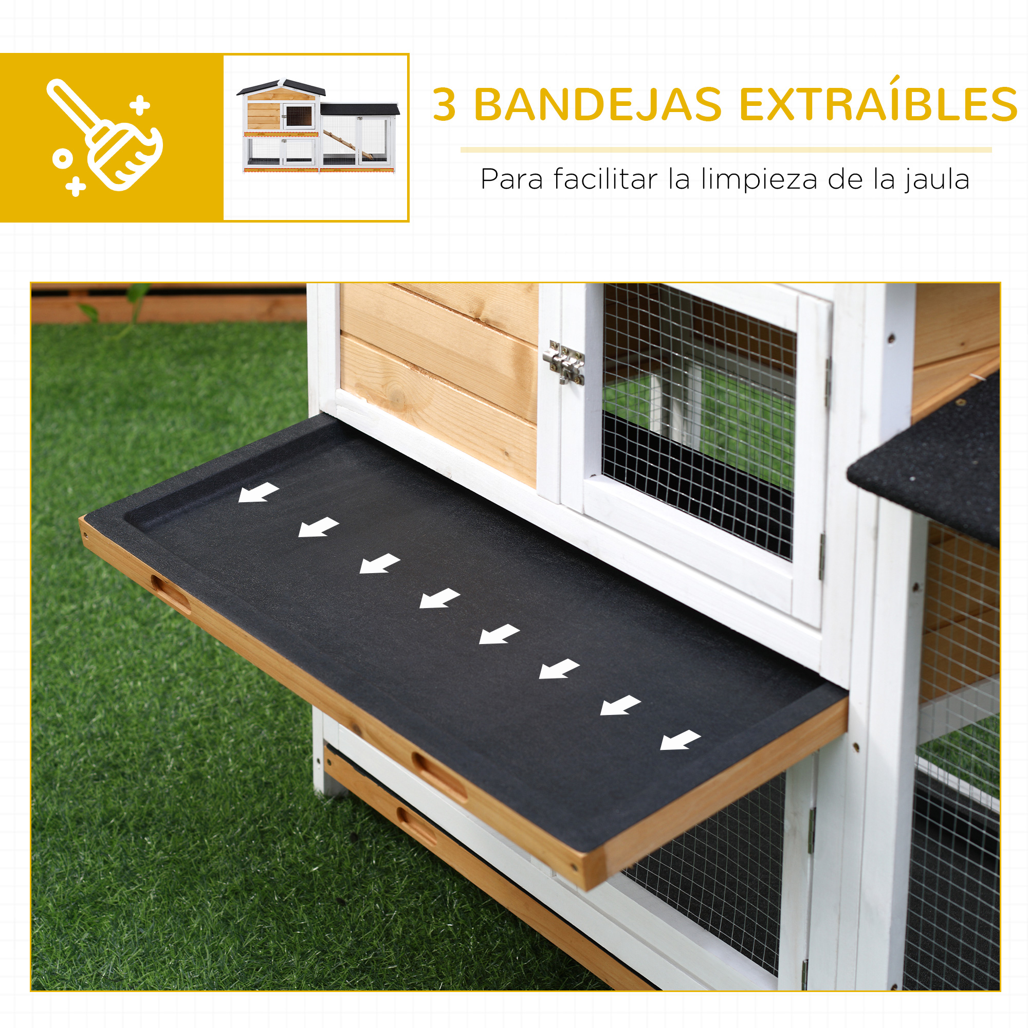 Una bandeja negra extraíble con flechas blancas en una jaula de madera y alambre.