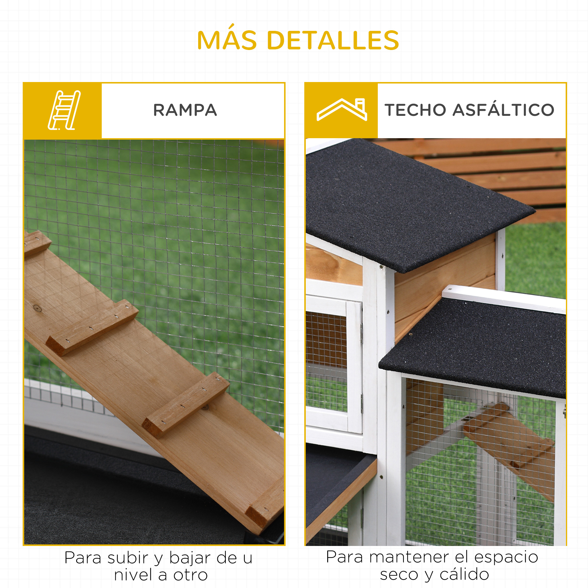 Un gallinero de madera con rampa y techo de asfalto.