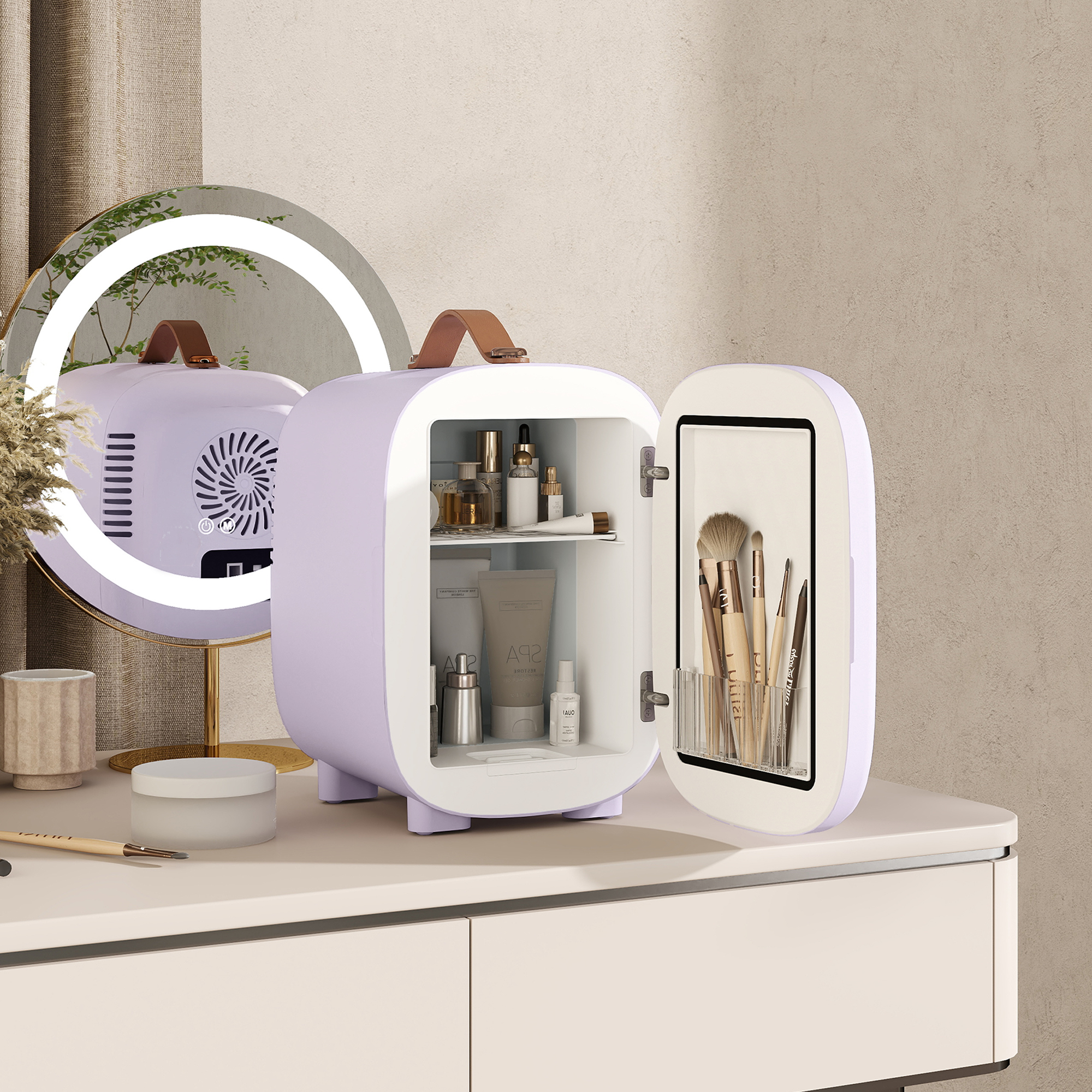 Una pequeña nevera cosmética lavanda con puertas abiertas, llena de productos de cuidado de la piel y brochas.