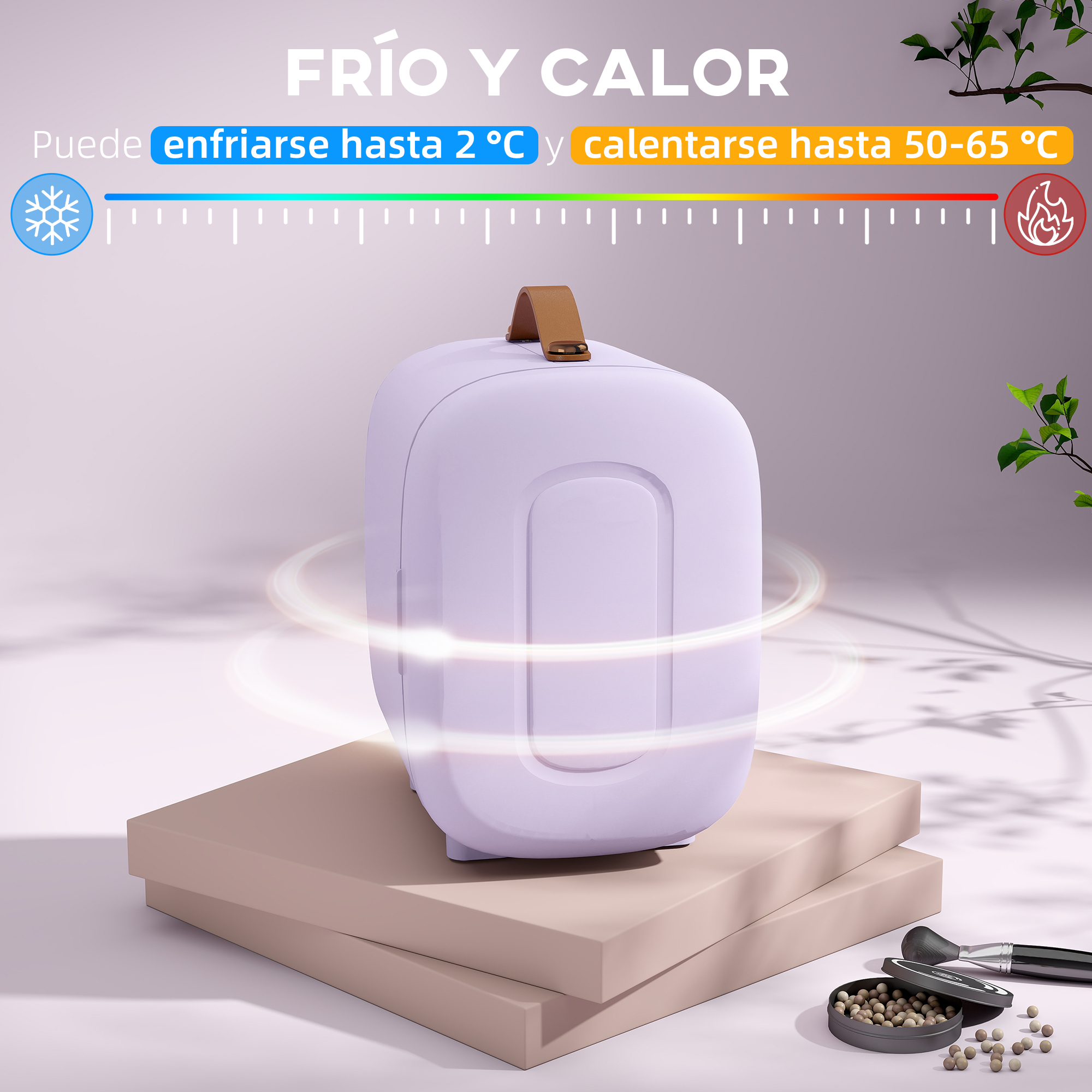Un recipiente morado se asienta sobre un pedestal. Puede enfriar y calentar.