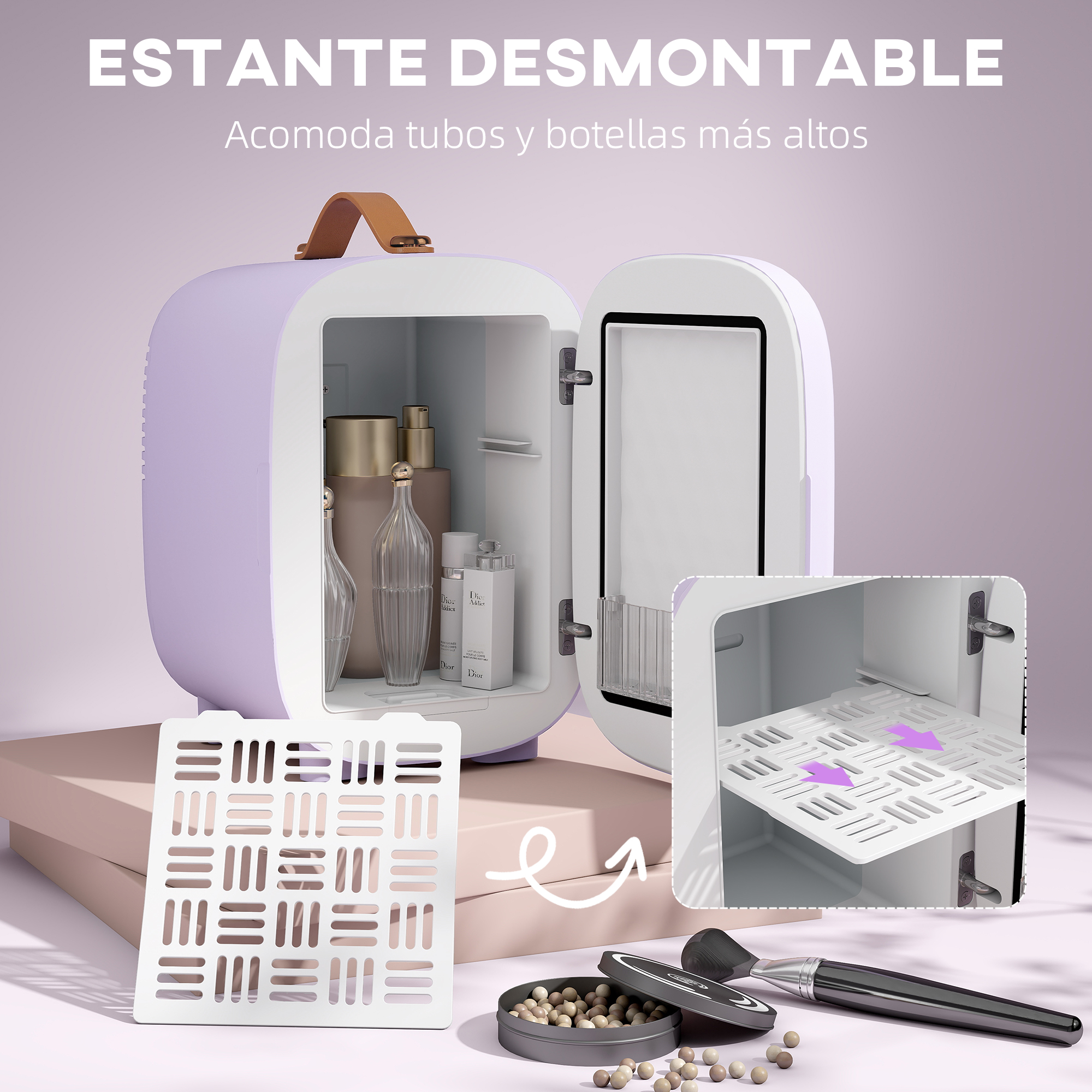 Una pequeña nevera morada para cosméticos con botellas y una bandeja de drenaje.