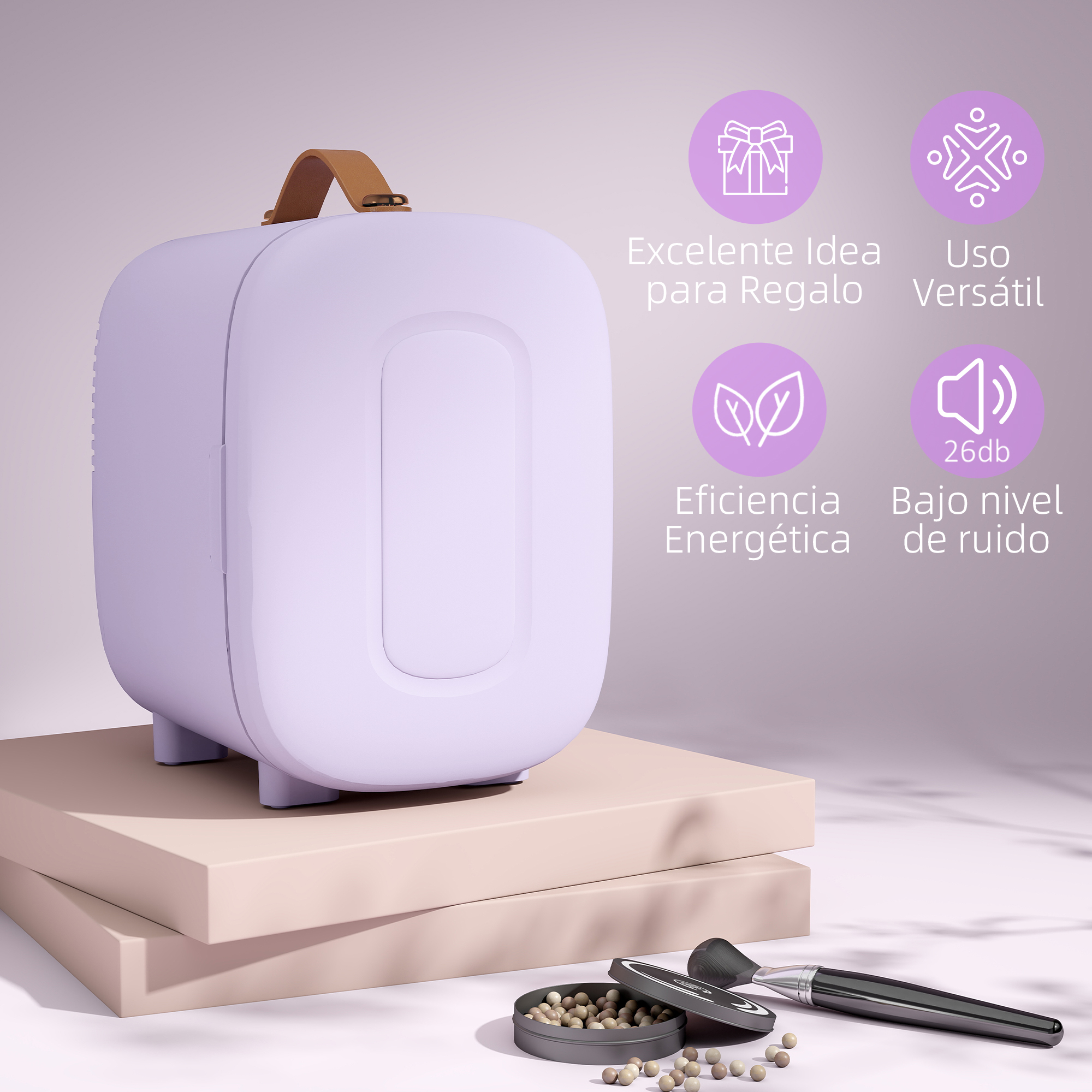 Un mini refrigerador morado con asa se alza sobre pedestales, junto a maquillaje.