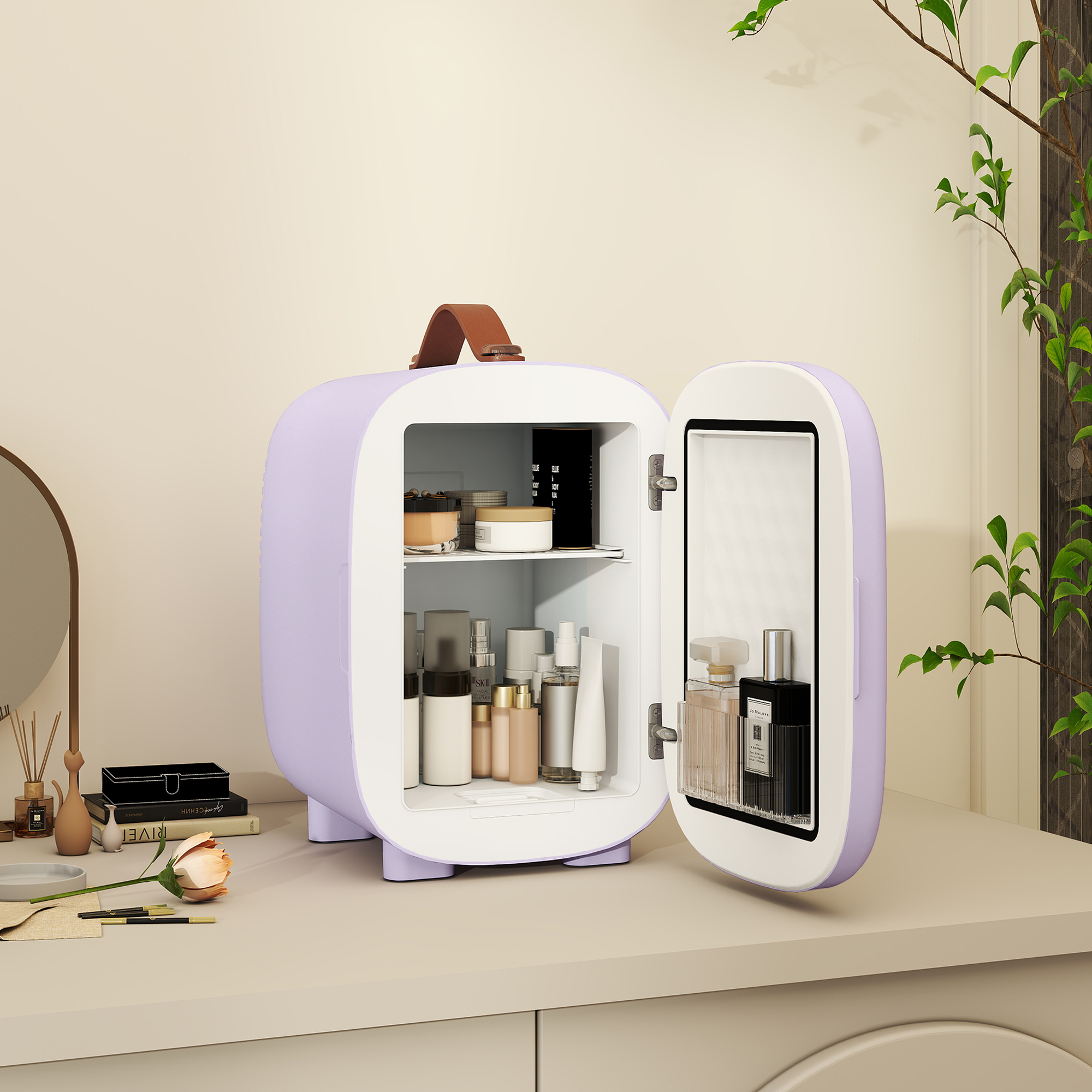 Una mini nevera morada para cosméticos con puertas abiertas, llena de botellas y recipientes.