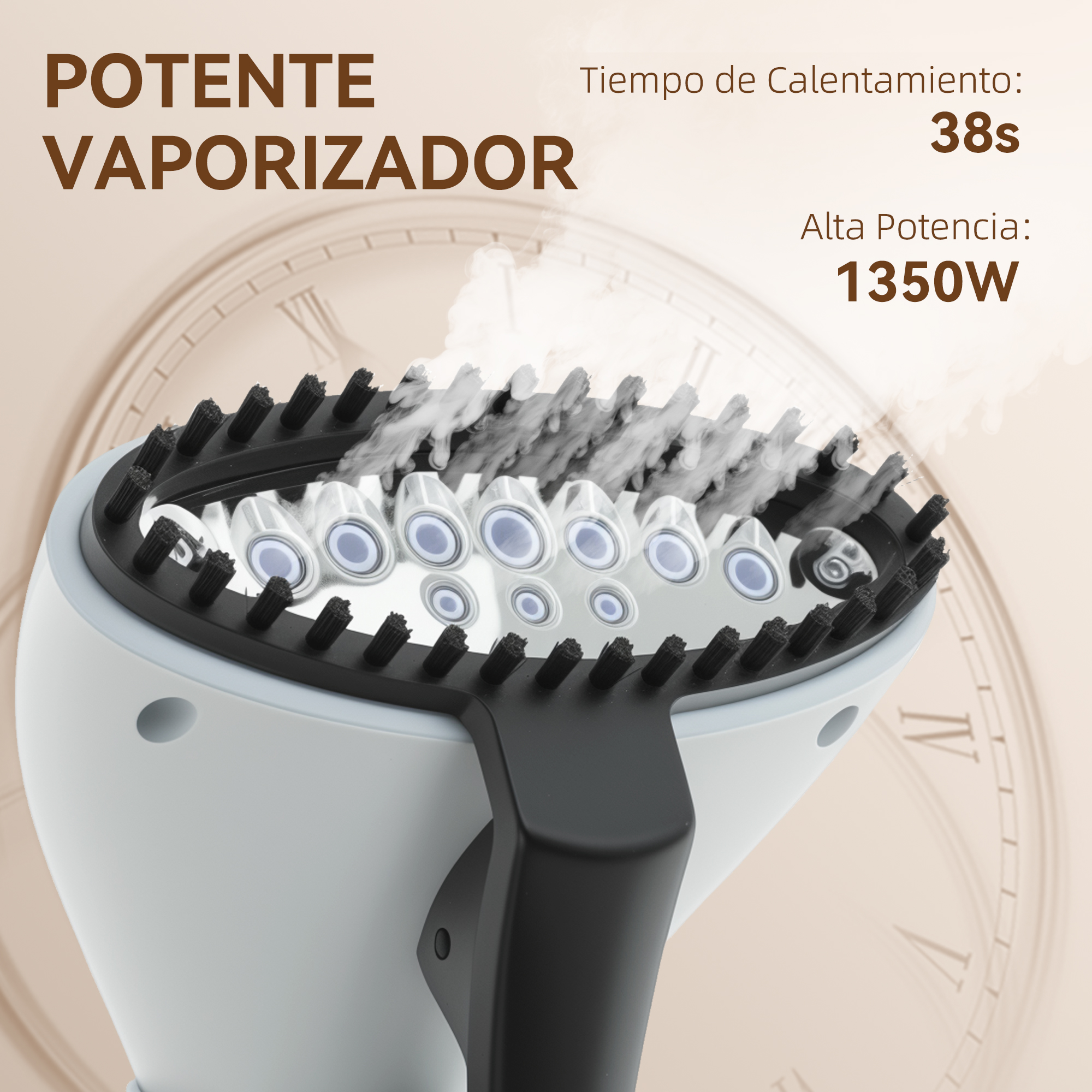 Una plancha de vapor con cepillos y vapor, sobre fondo beige con reloj.