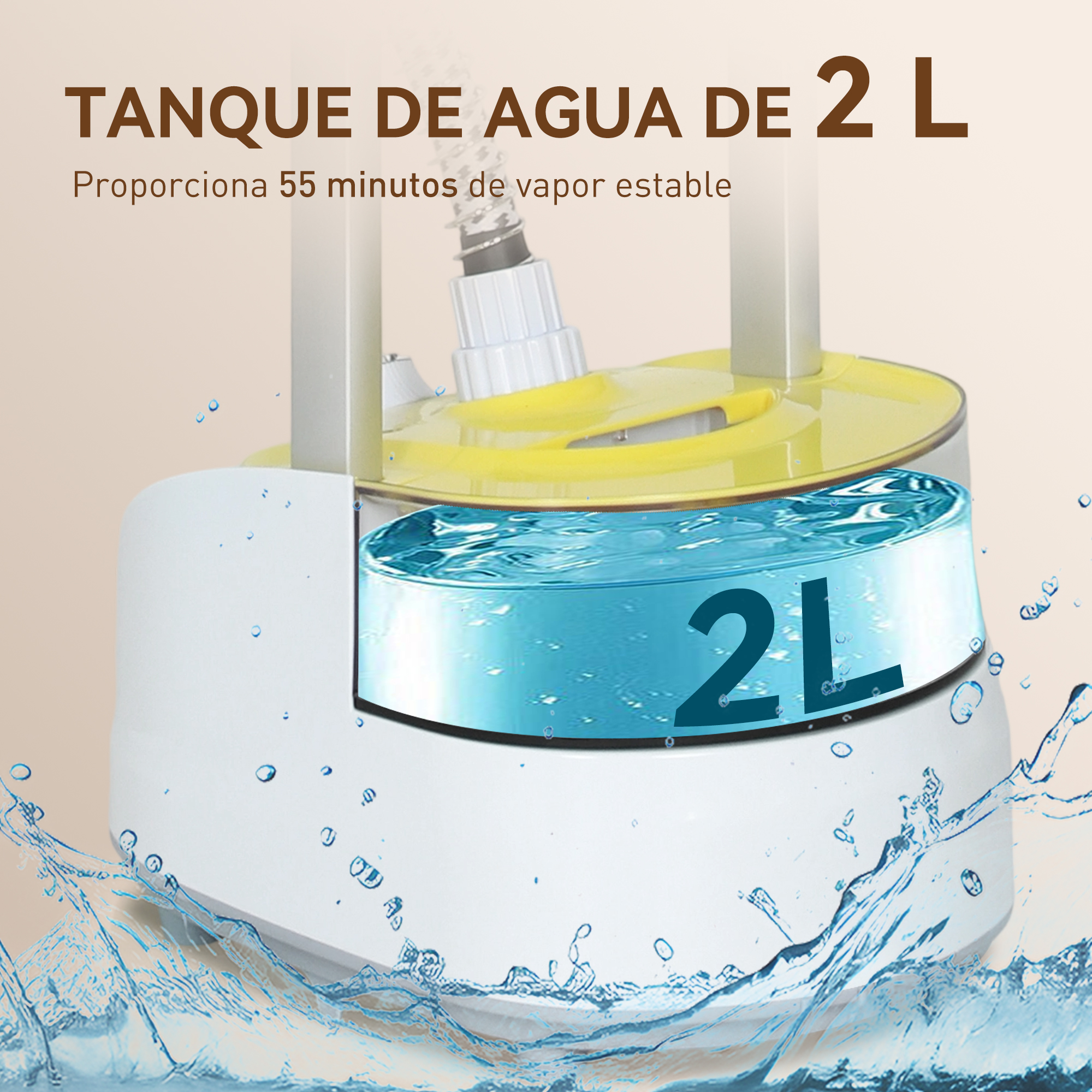 Un tanque de agua blanco de 2L con salpicaduras de agua.